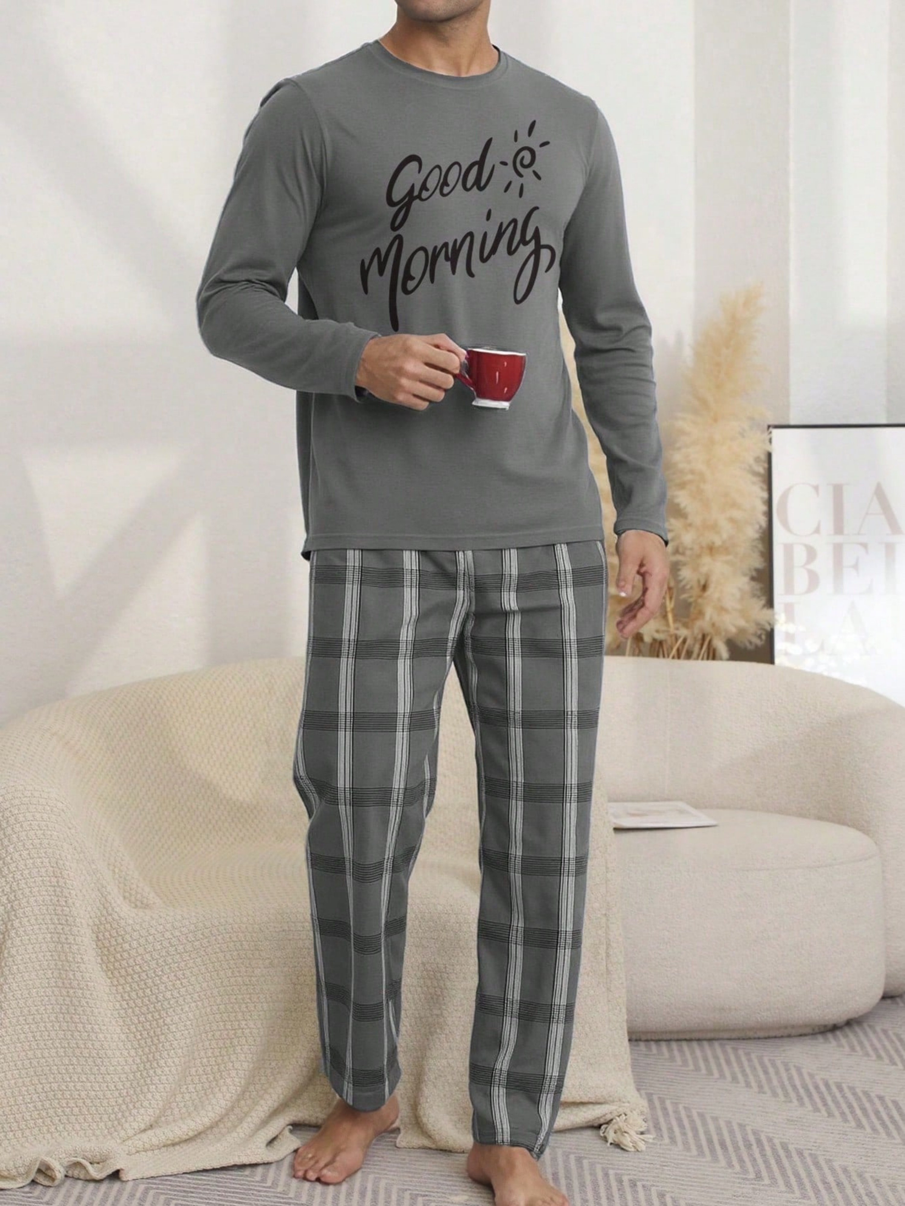 Grey Plaid Pyjama Set - Long Sleeve and Trousers