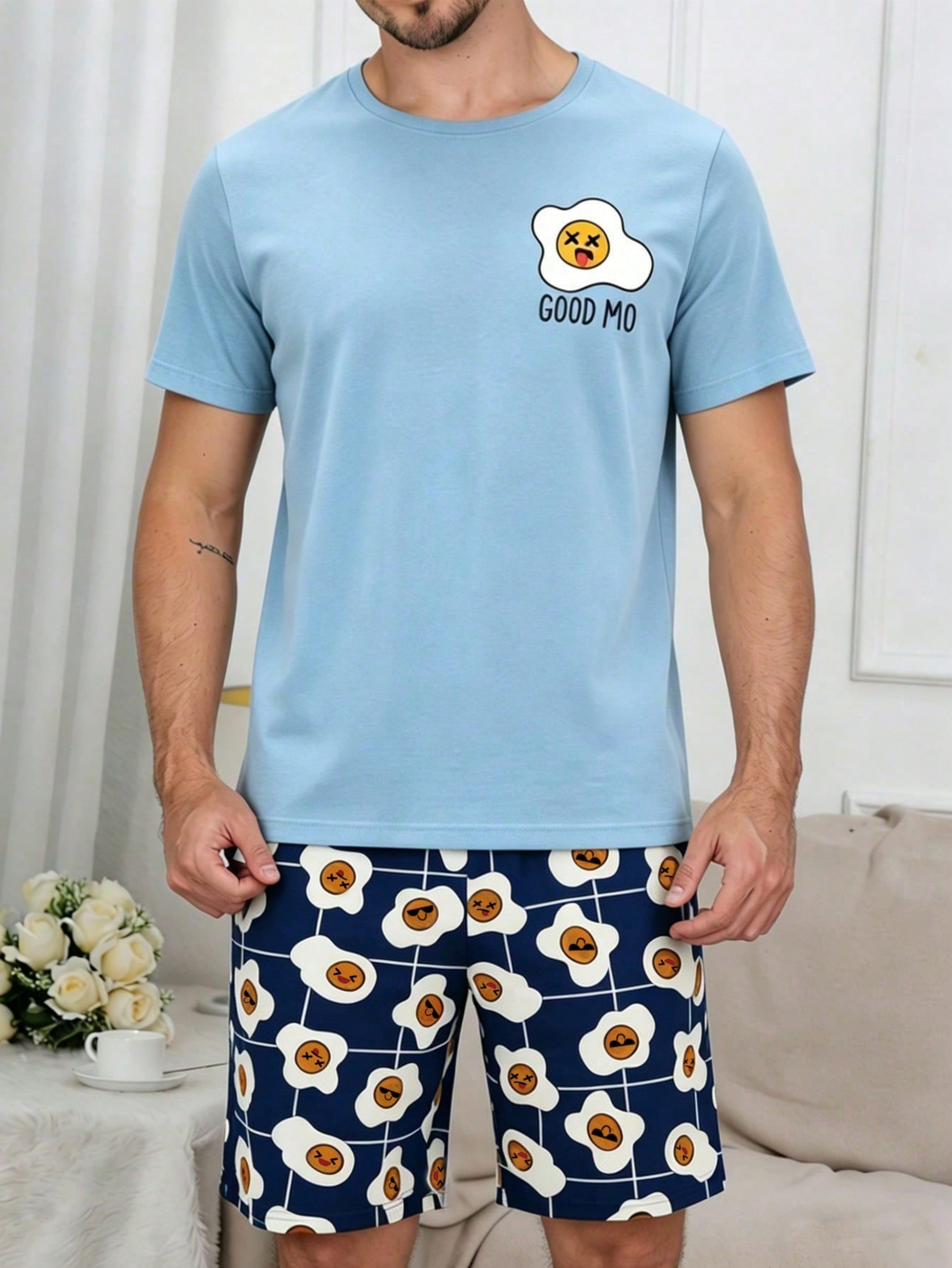 Multi-Color Egg Print Sleepwear Set - Light Blue and Navy Pyjamas