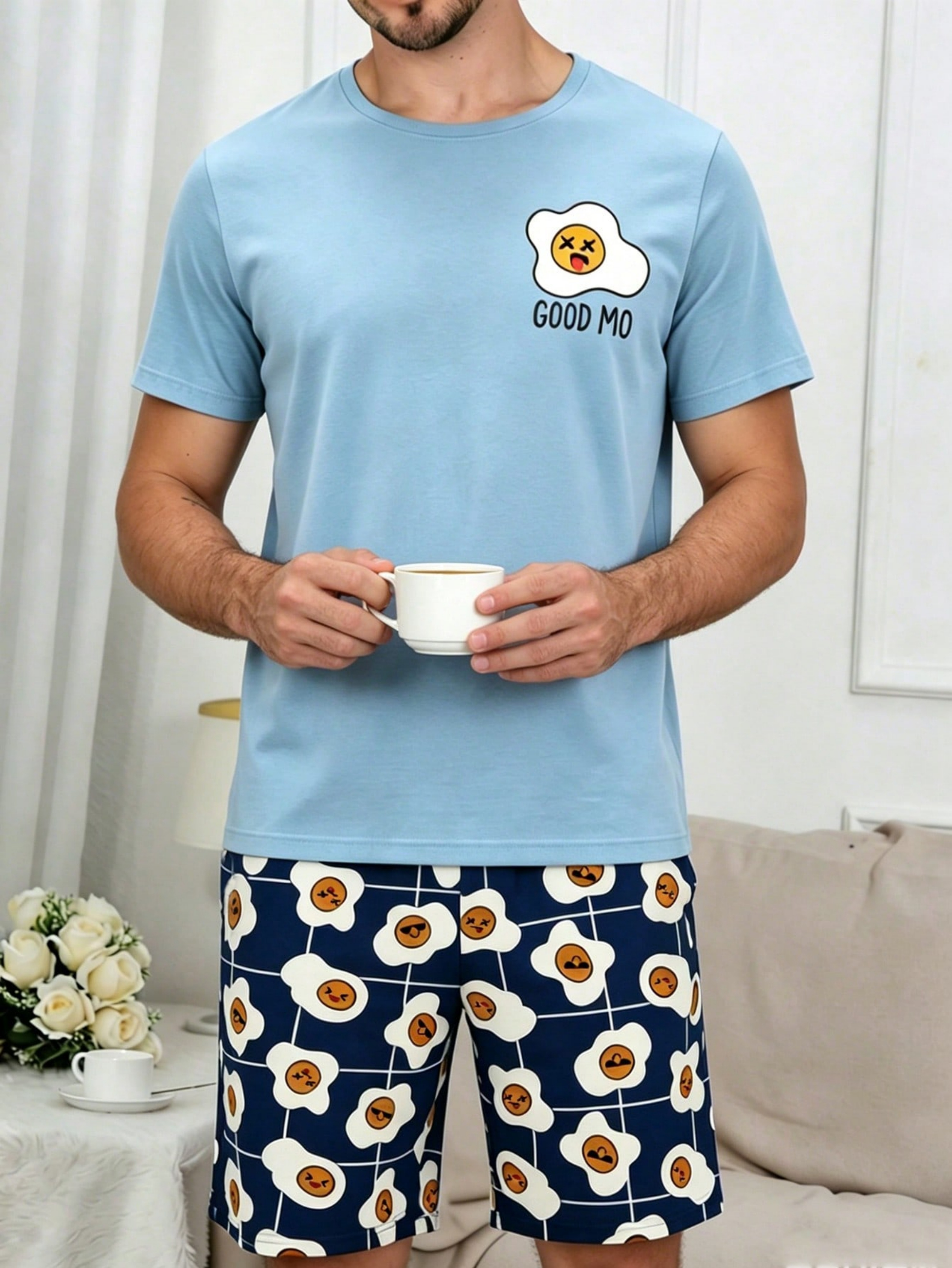 Multi-Color Egg Print Sleepwear Set - Light Blue and Navy Pyjamas