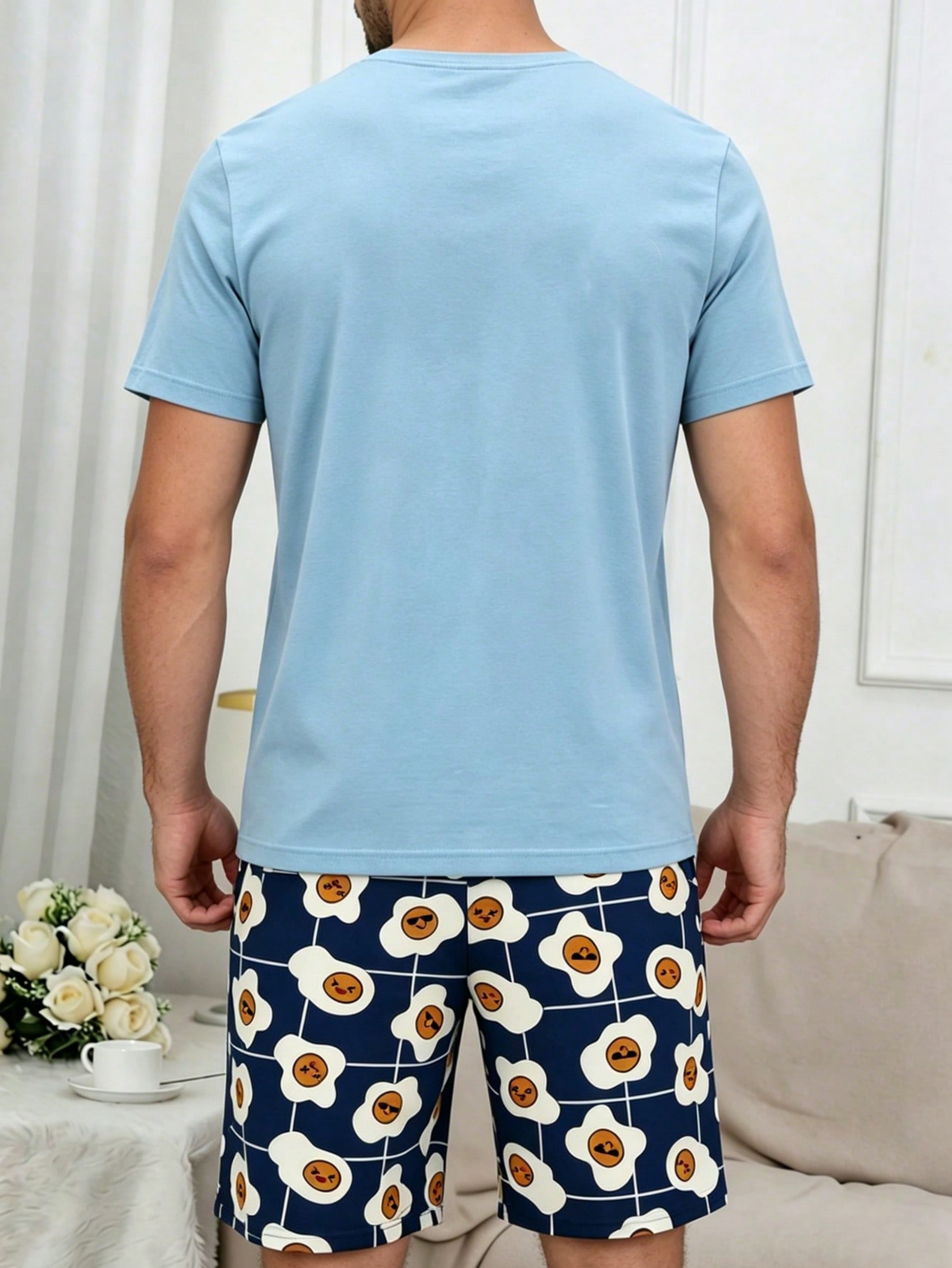 Multi-Color Egg Print Sleepwear Set - Light Blue and Navy Pyjamas