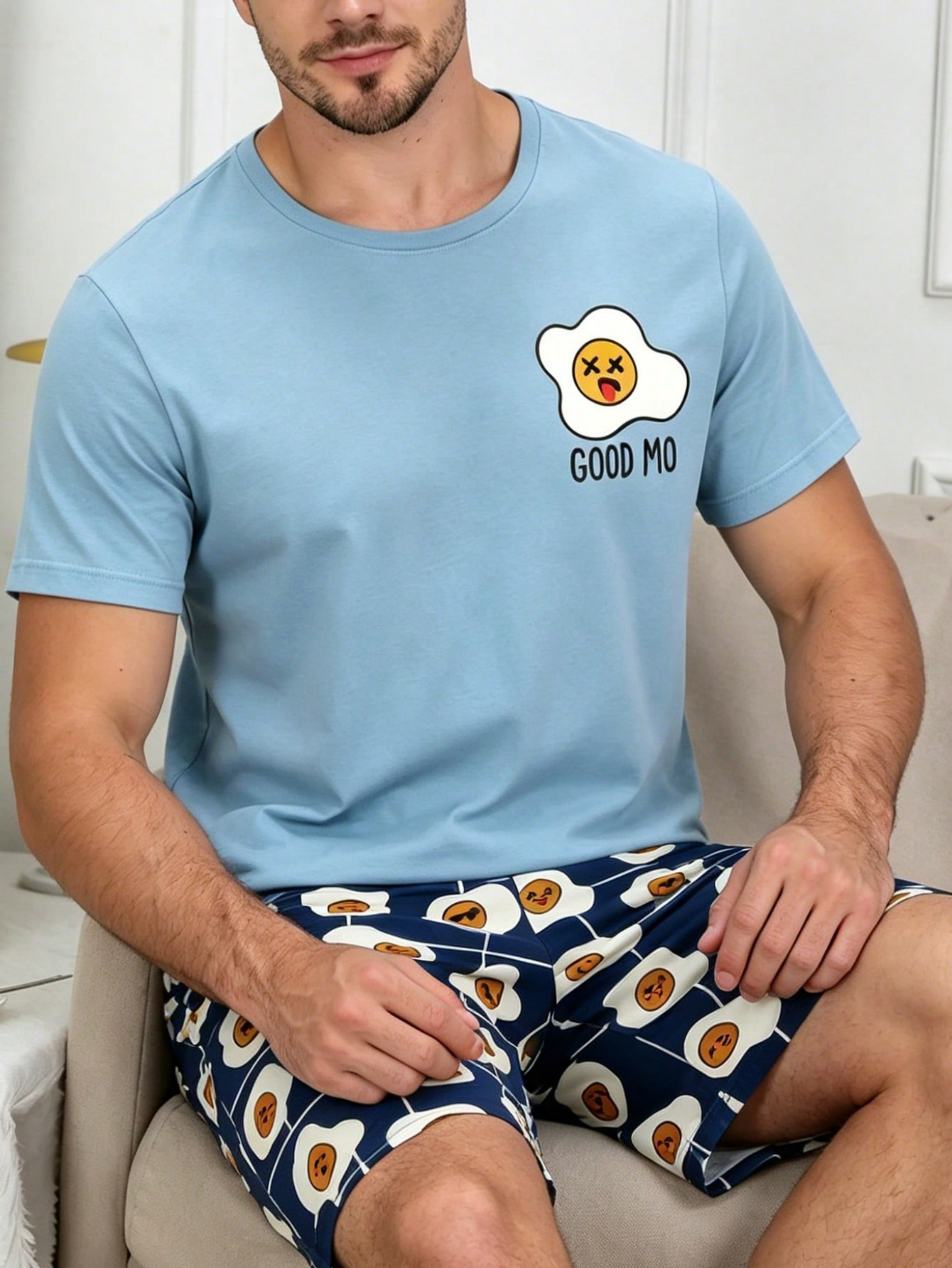 Multi-Color Egg Print Sleepwear Set - Light Blue and Navy Pyjamas
