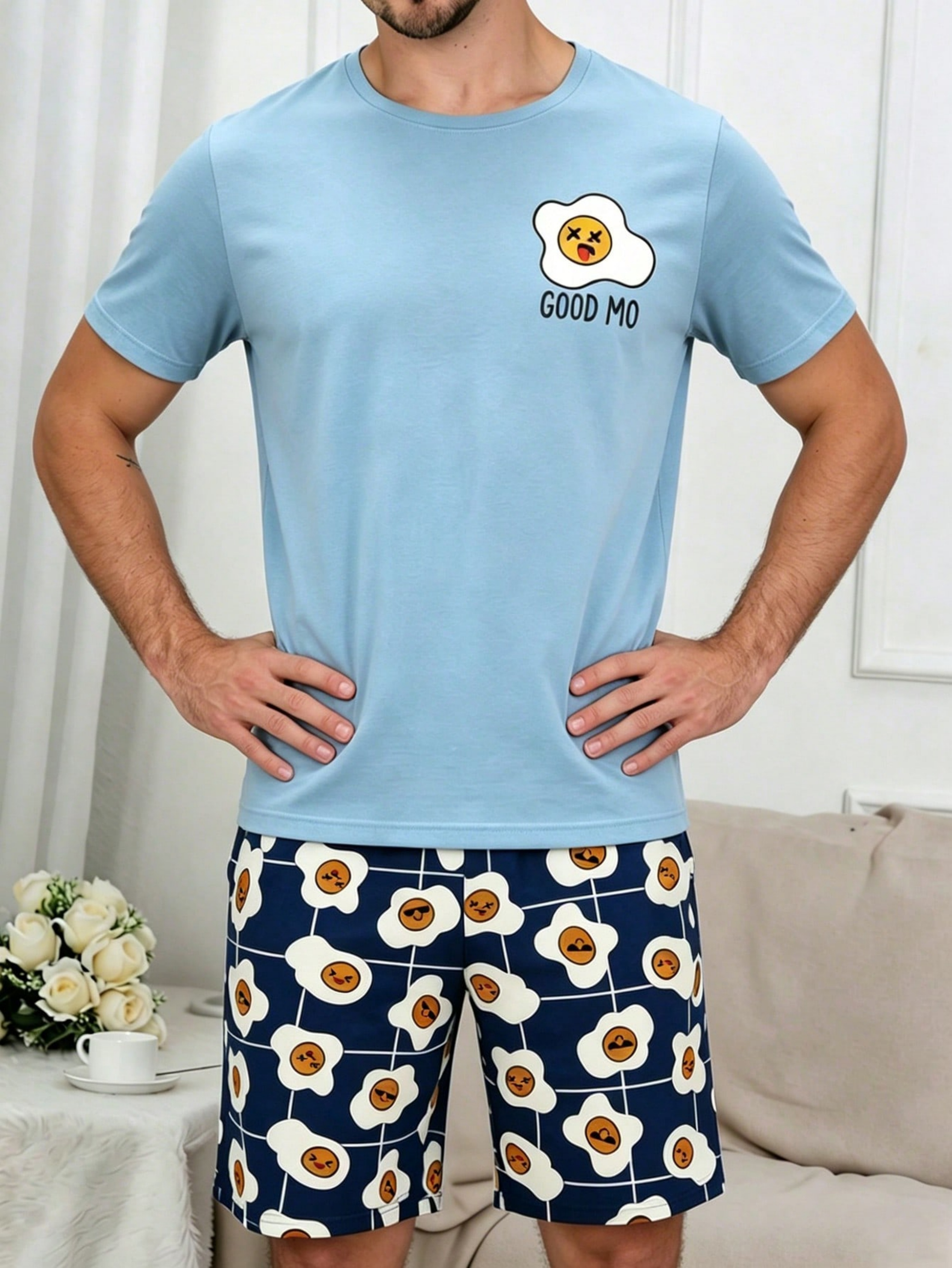 Multi-Color Egg Print Sleepwear Set - Light Blue and Navy Pyjamas