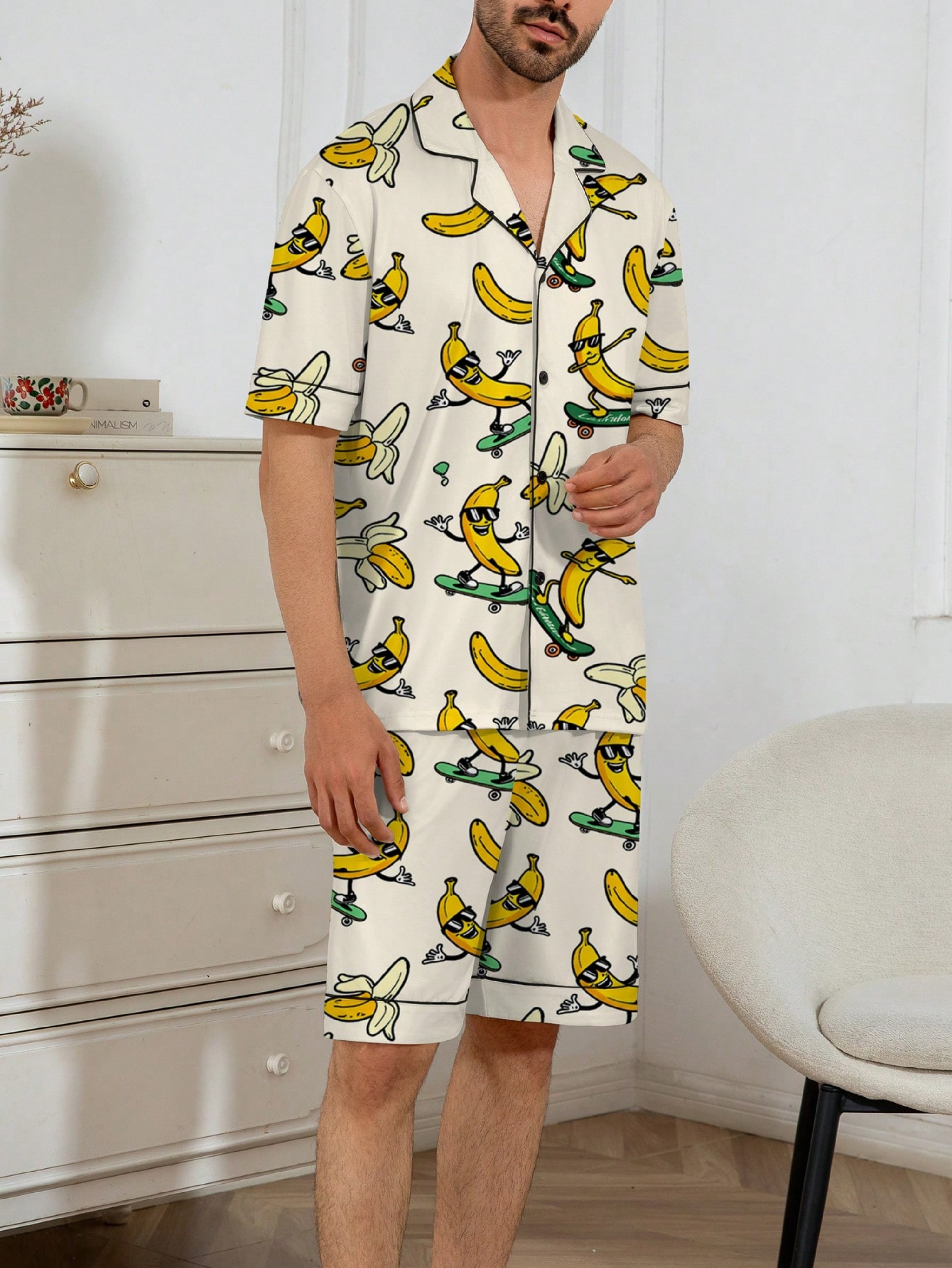 Multi-Color Banana Print Shirt and Short Pyjama Set