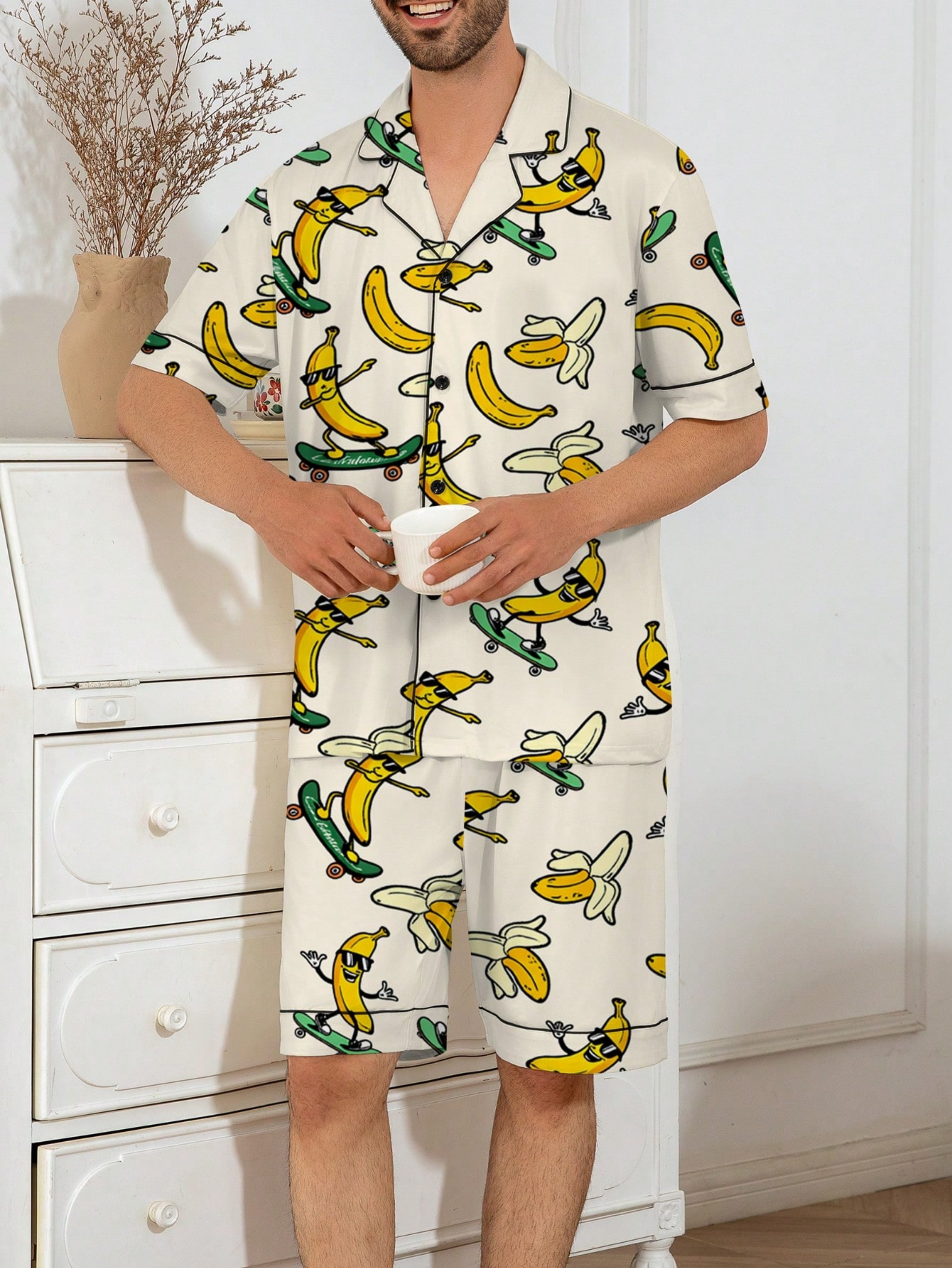 Multi-Color Banana Print Shirt and Short Pyjama Set