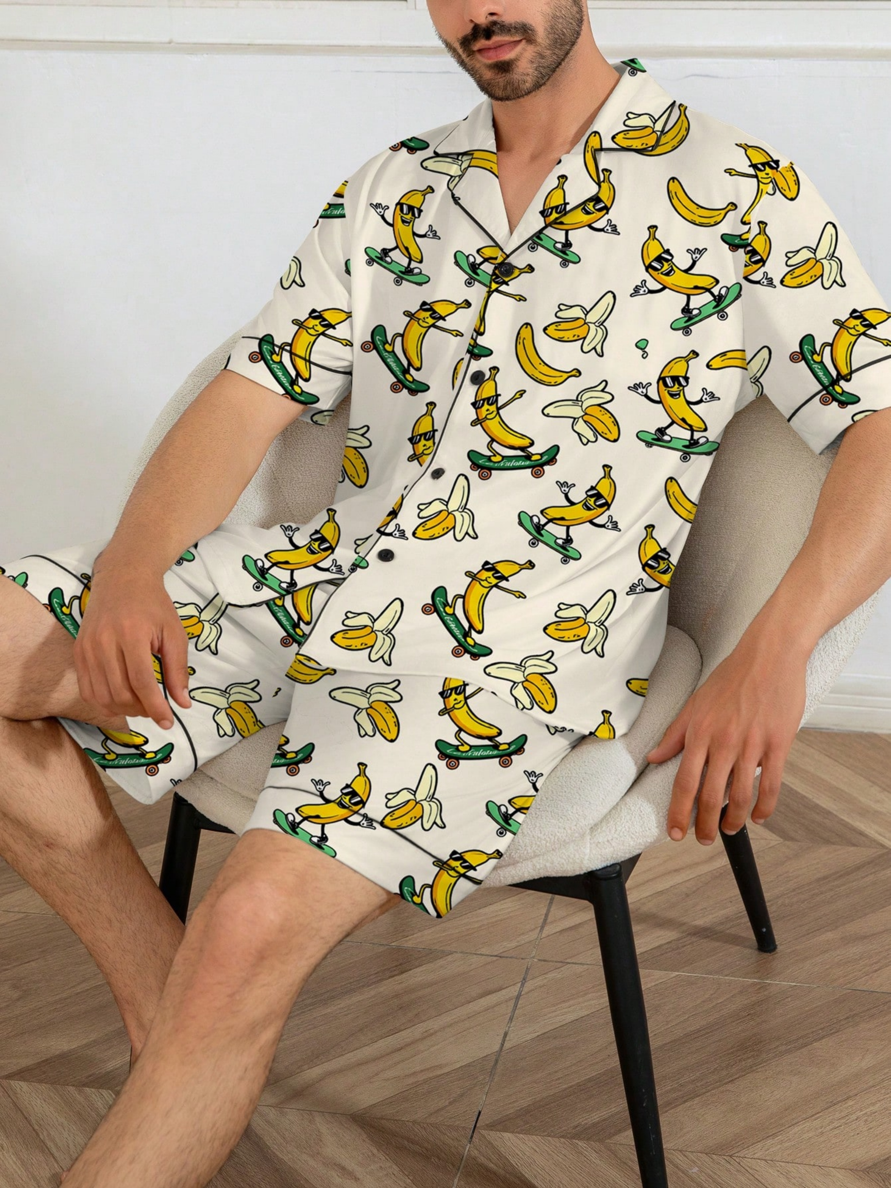 Multi-Color Banana Print Shirt and Short Pyjama Set