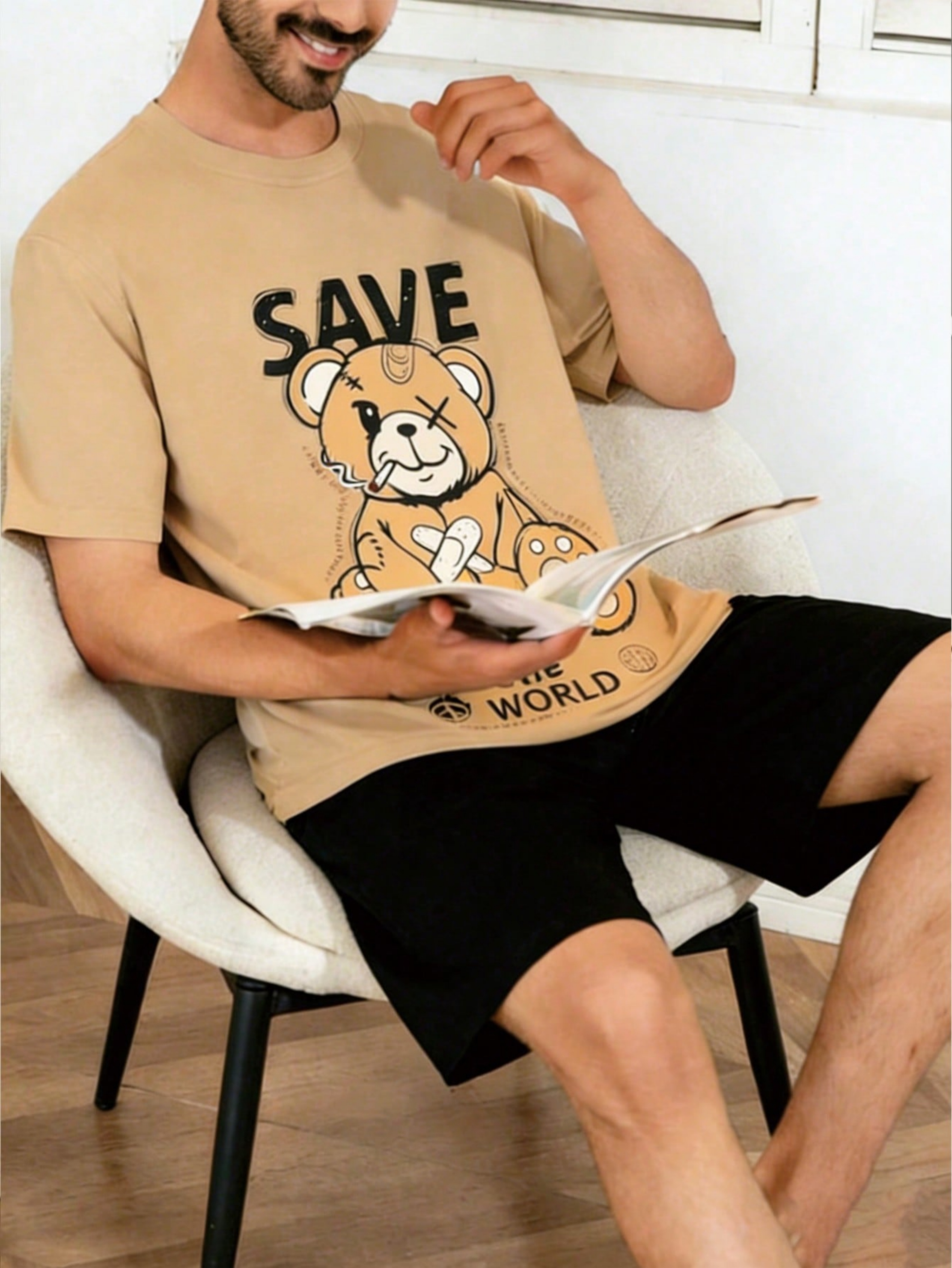 Multi-Color Graphic Print T-Shirt and Solid Shorts Pyjama Set