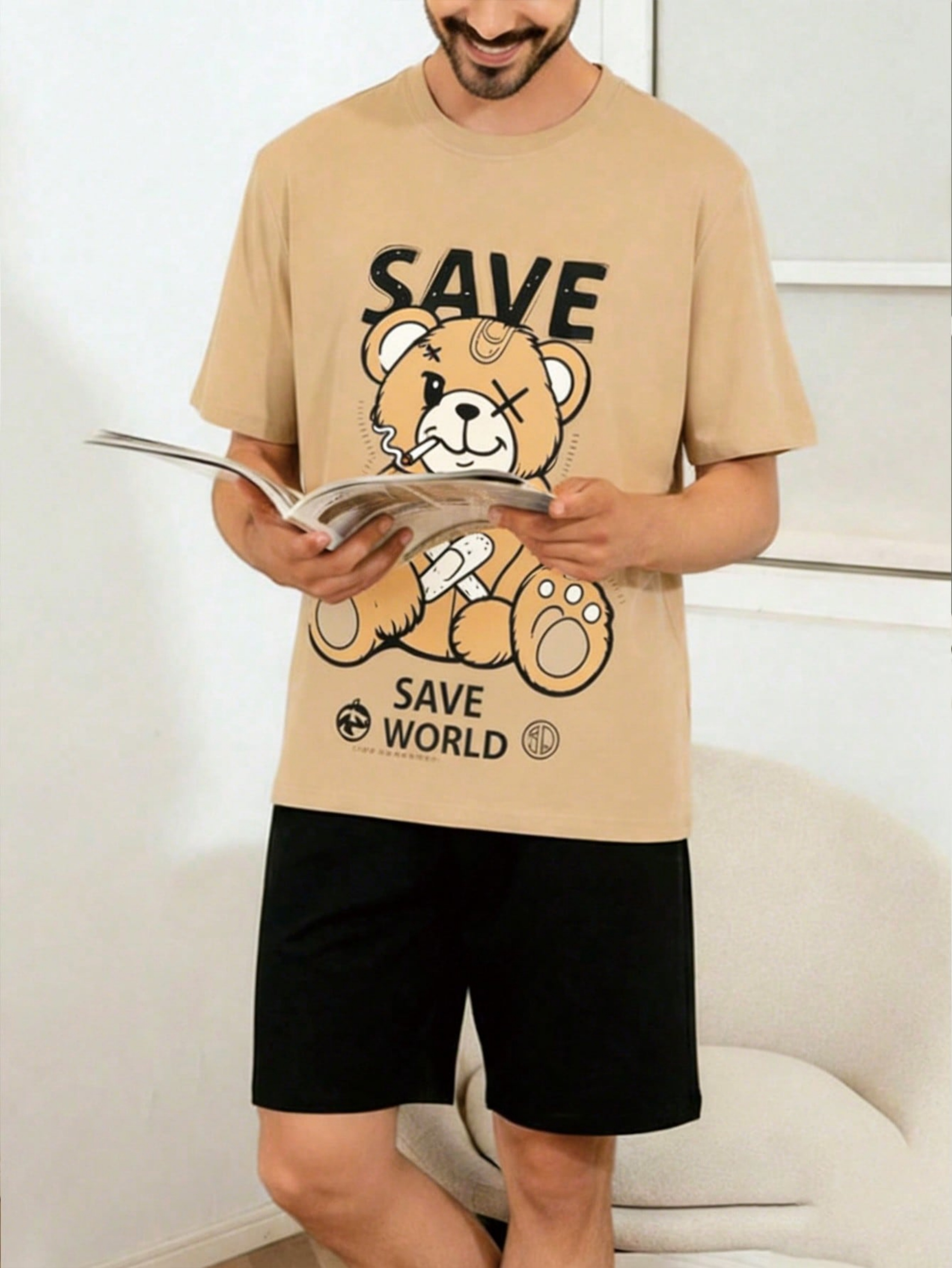 Multi-Color Graphic Print T-Shirt and Solid Shorts Pyjama Set