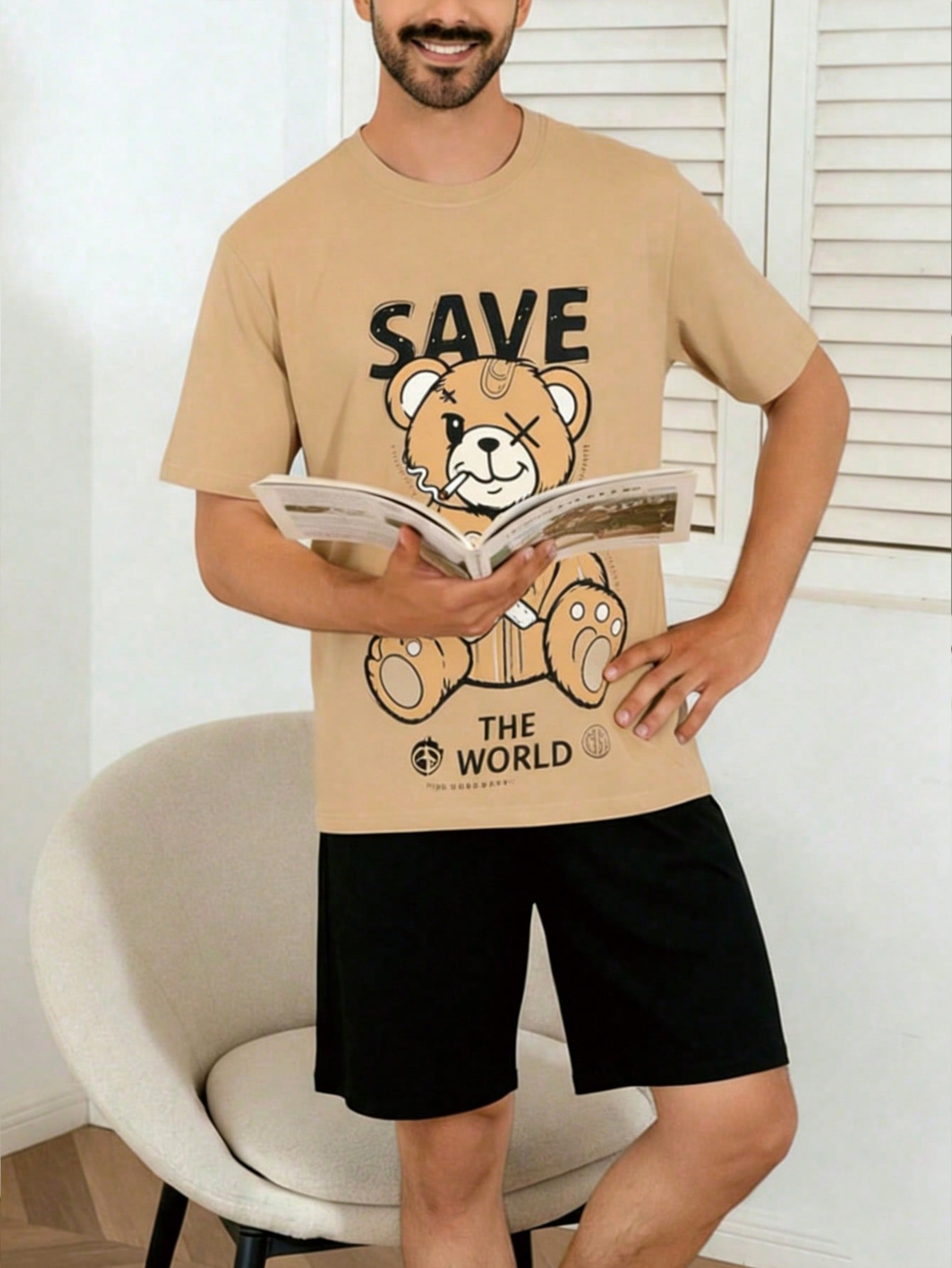 Multi-Color Graphic Print T-Shirt and Solid Shorts Pyjama Set