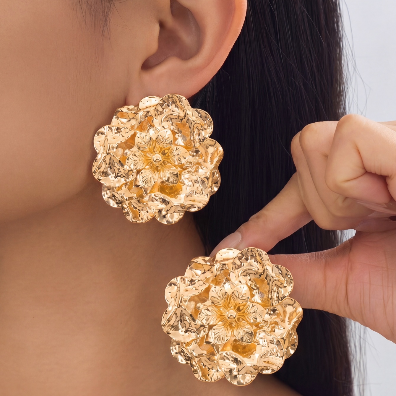 Gold Textured Floral Stud Earrings