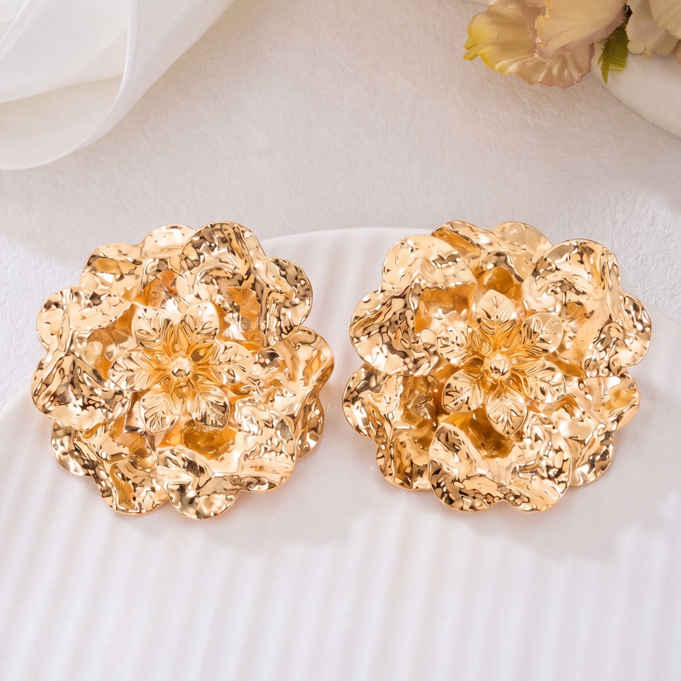 Gold Textured Floral Stud Earrings