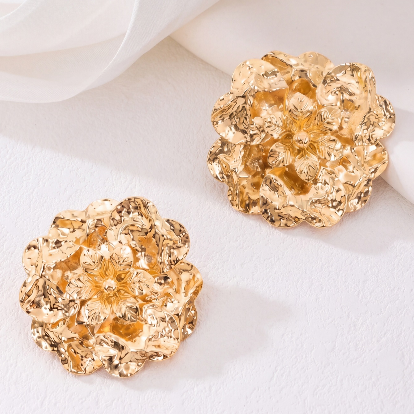 Gold Textured Floral Stud Earrings