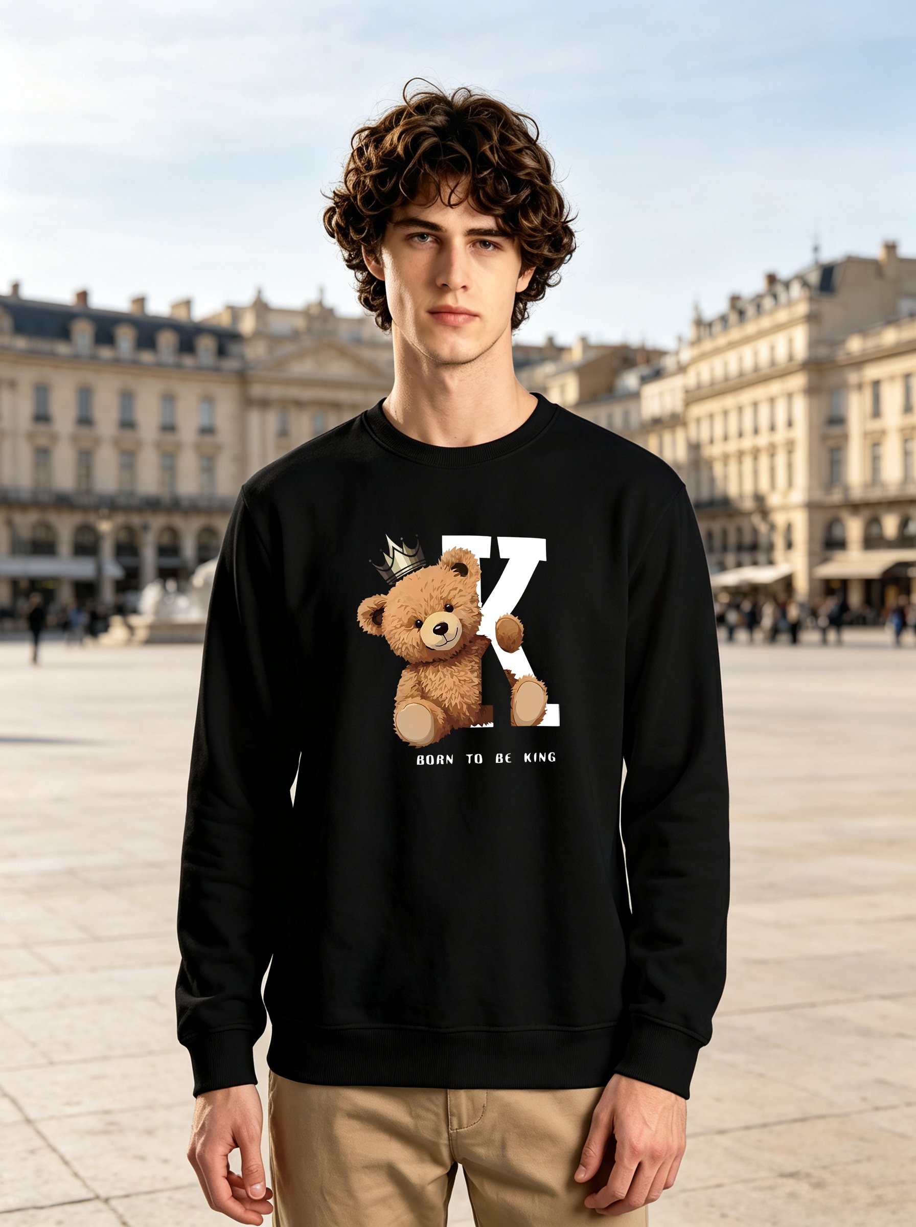 Black Teddy Bear Graphic Crew Neck Long Sleeves Sweatshirt