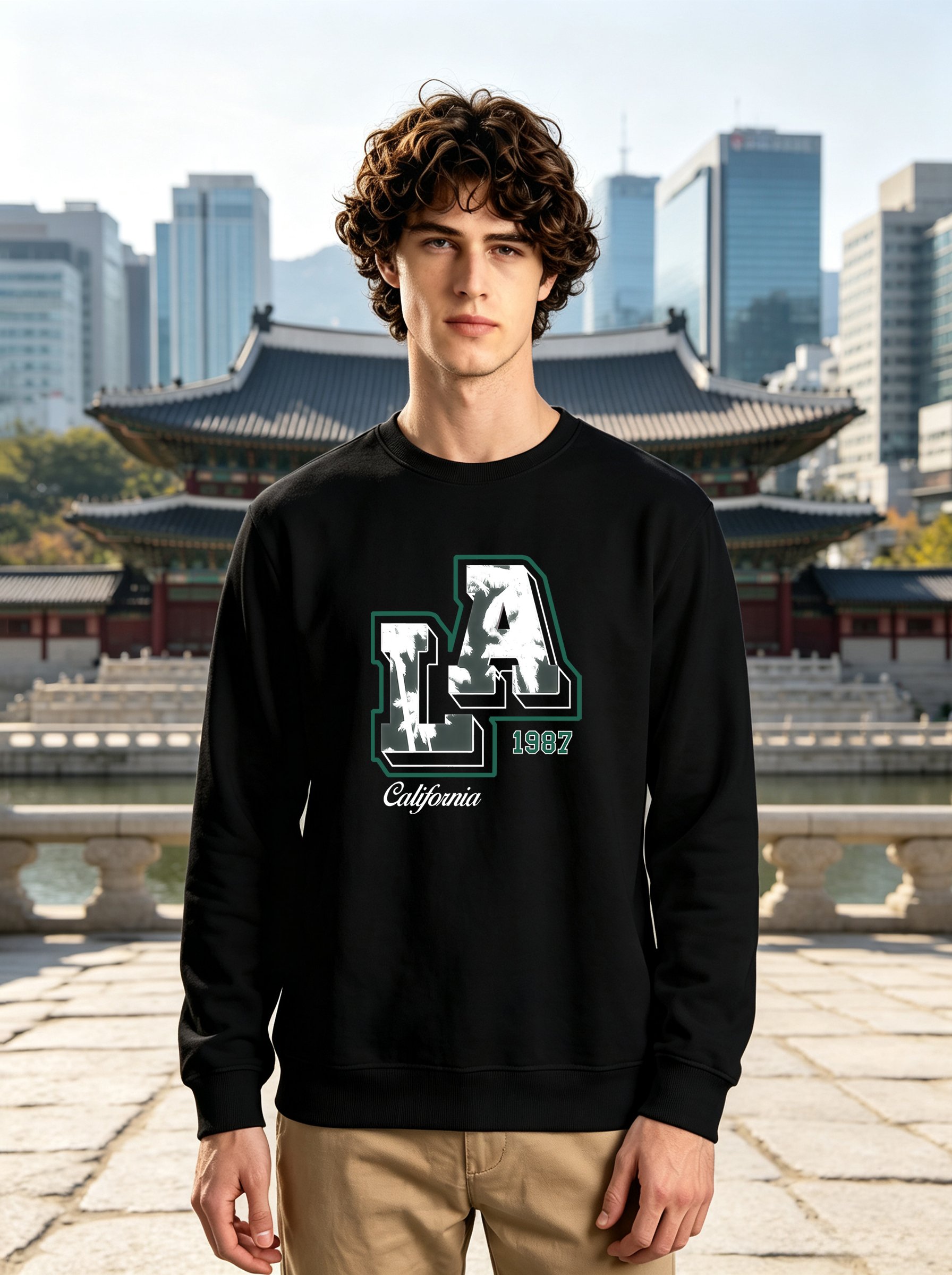 Black LA Print Crew Neck Sweatshirt
