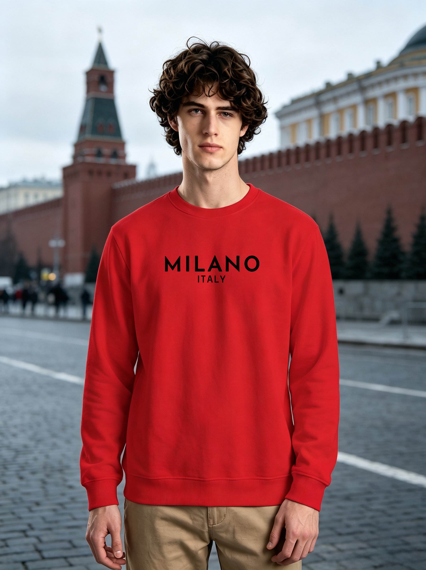Red Milano Italy Print Crew Neck Sweatshirt