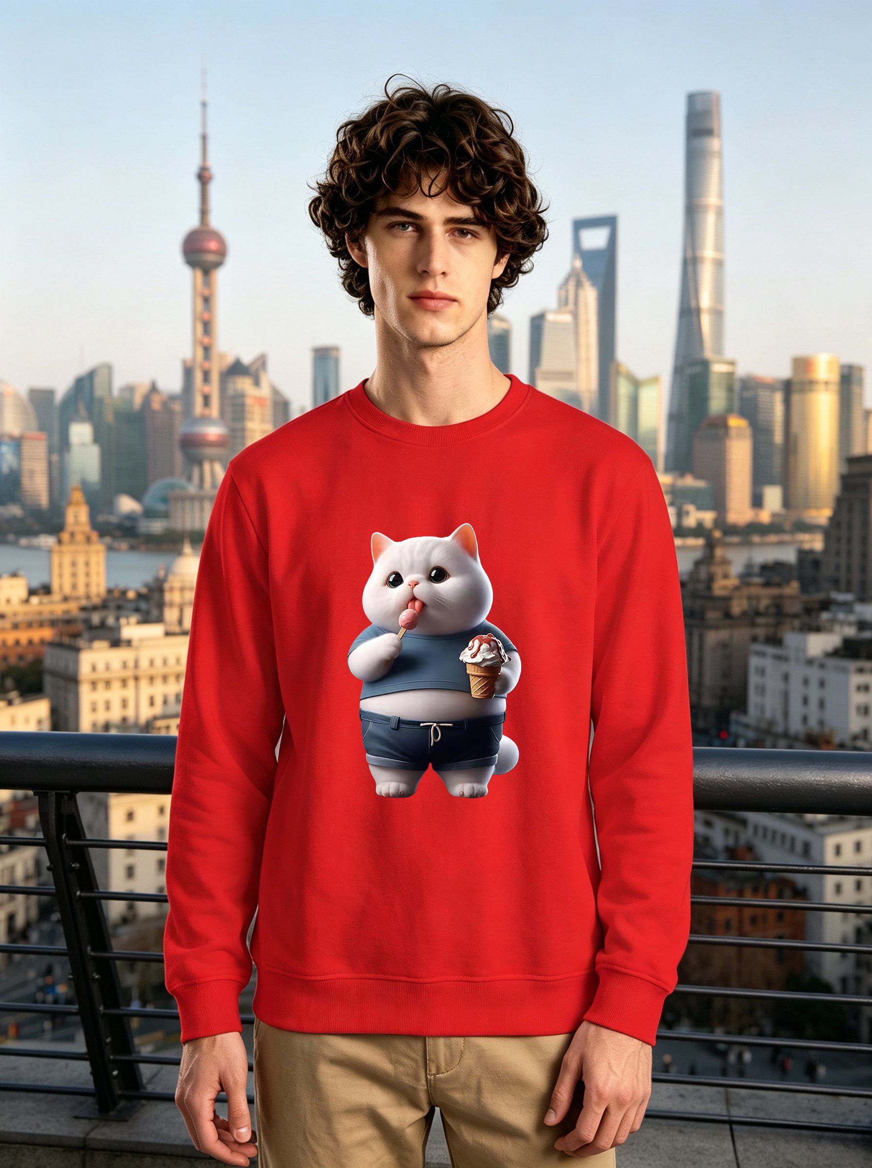 Red Cat Print Crew Neck Sweatshirt