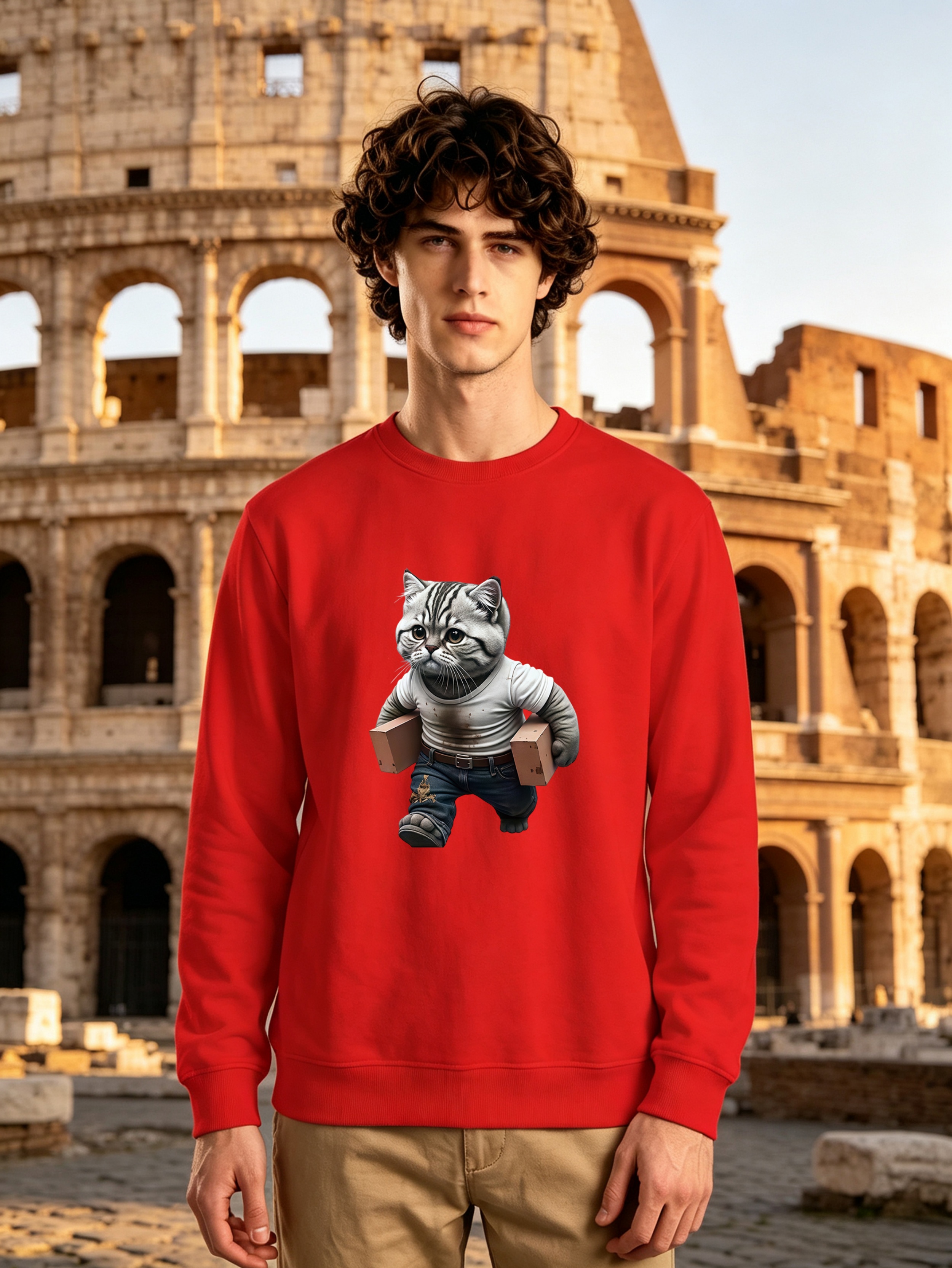 Red Cat Print Crew Neck Casual Sweatshirt