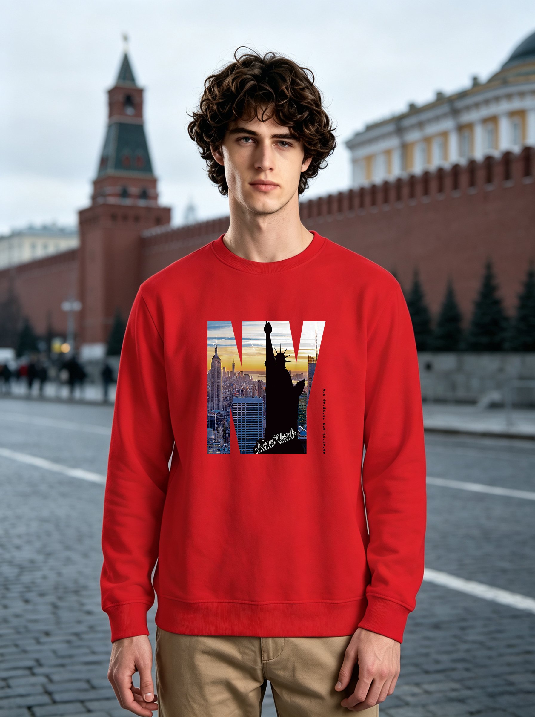 Red NY Graphic Crew Neck Long Sleeves Sweatshirt