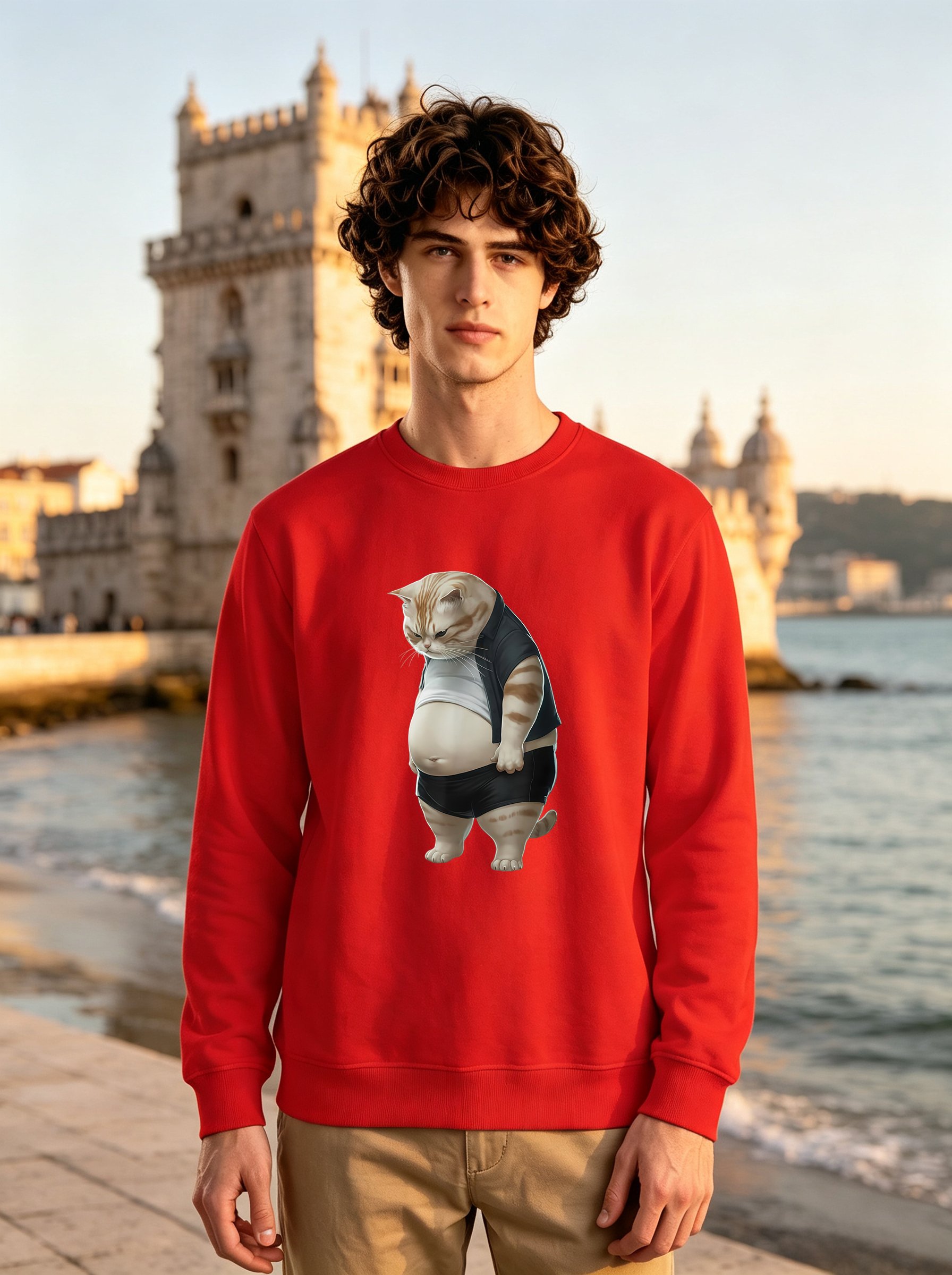 Red Cat Print Long Sleeves Pullover Sweatshirt
