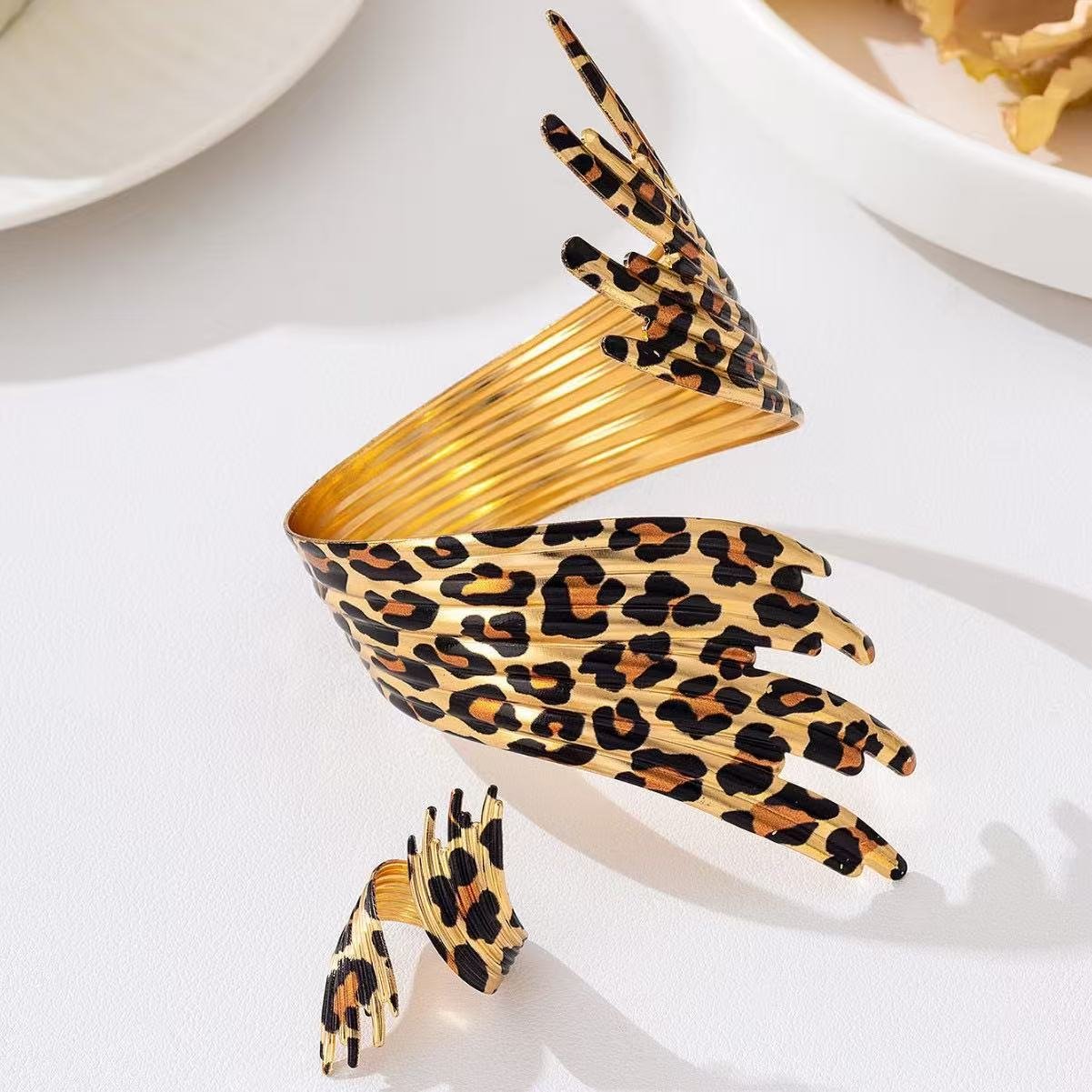 Leopard Print Gold Tone Bracelet and Ring Set