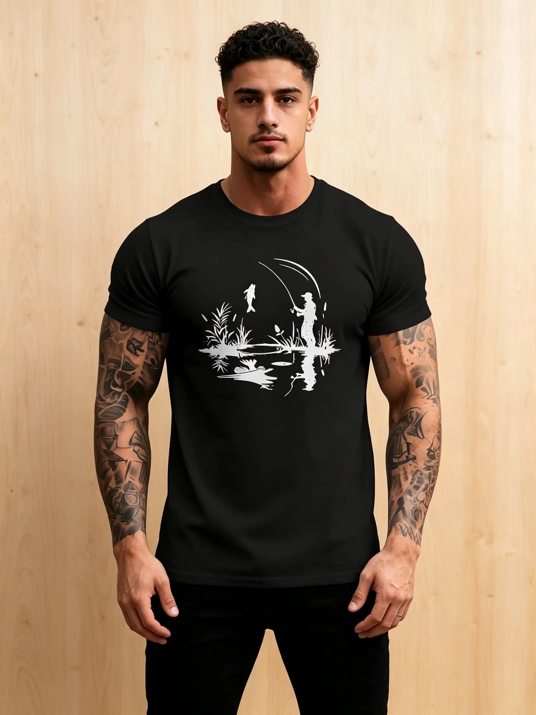 Black Casual Fishing Print T-Shirt - Regular Fit Round Neck