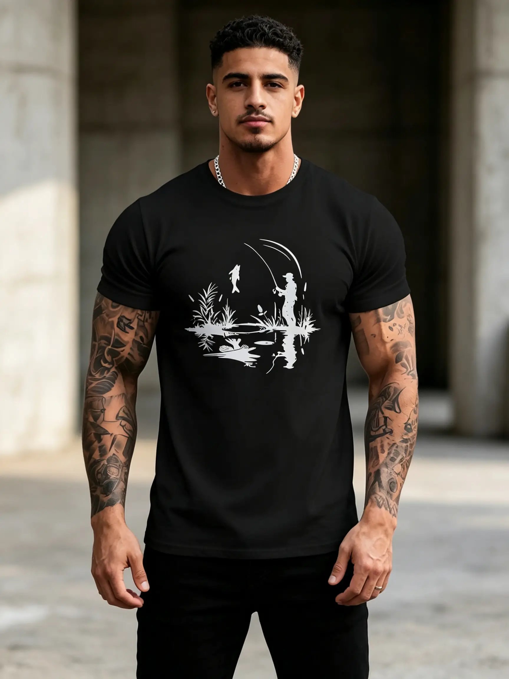 Black Casual Fishing Print T-Shirt - Regular Fit Round Neck