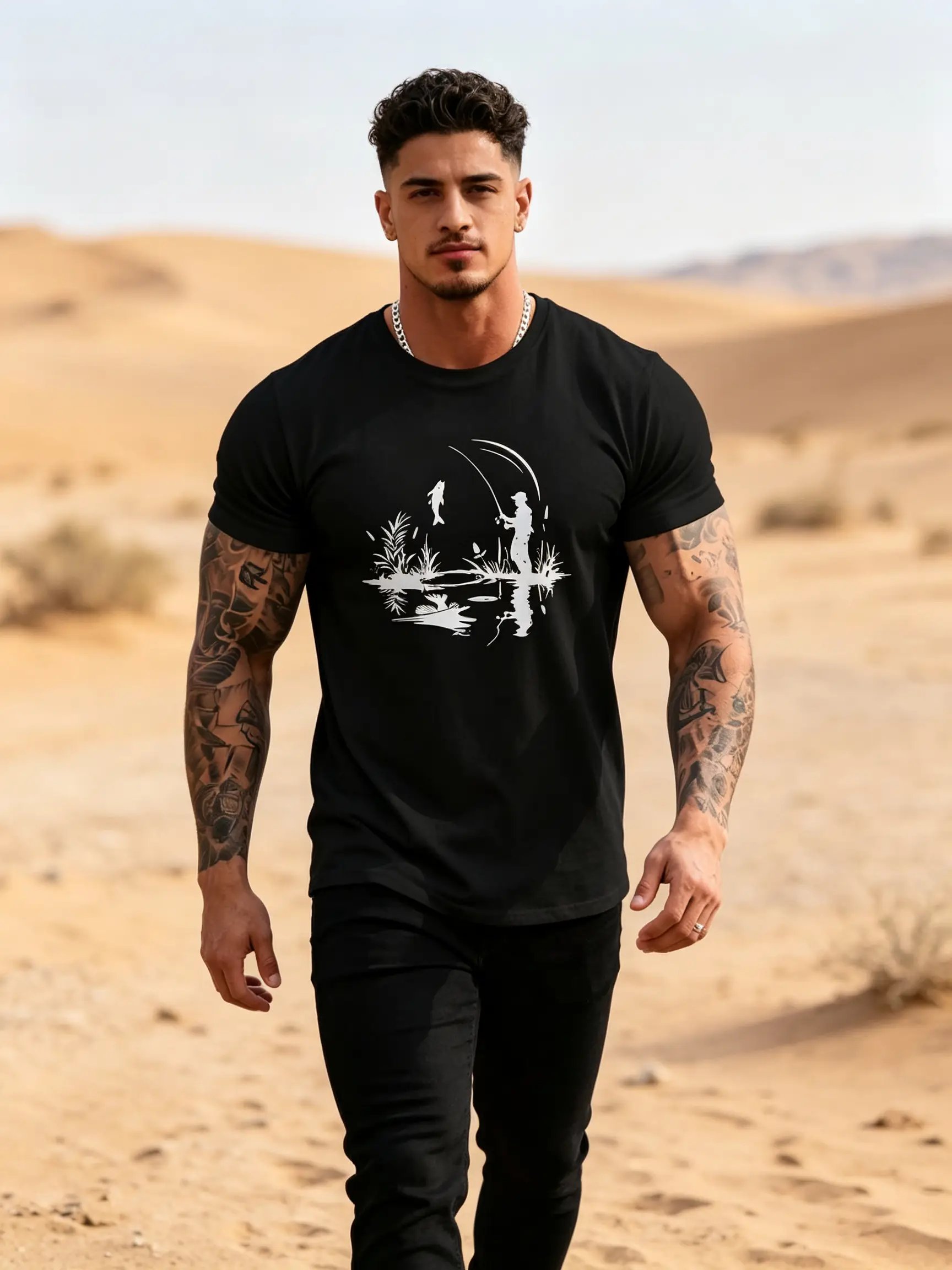 Black Casual Fishing Print T-Shirt - Regular Fit Round Neck