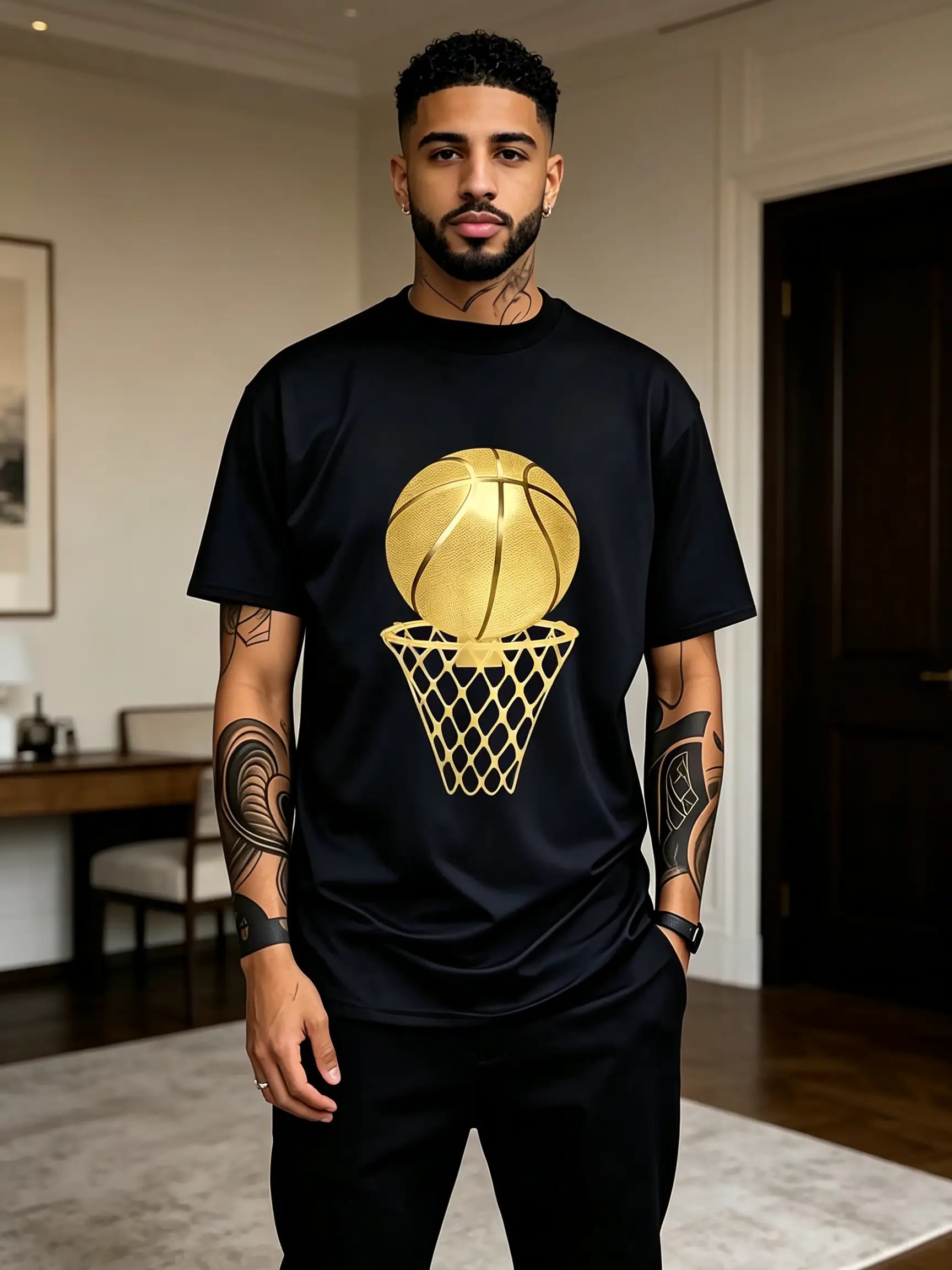 Black Round Neck T-Shirt with Golden Basketball Print