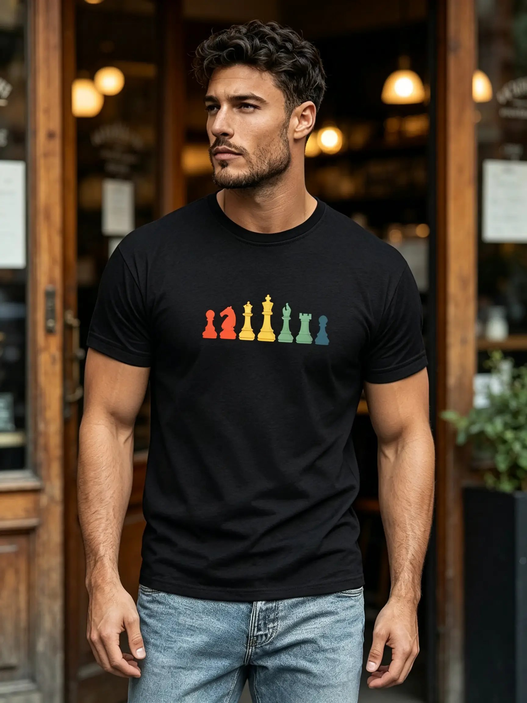 Black Casual Chess Print Round Neck T-Shirt