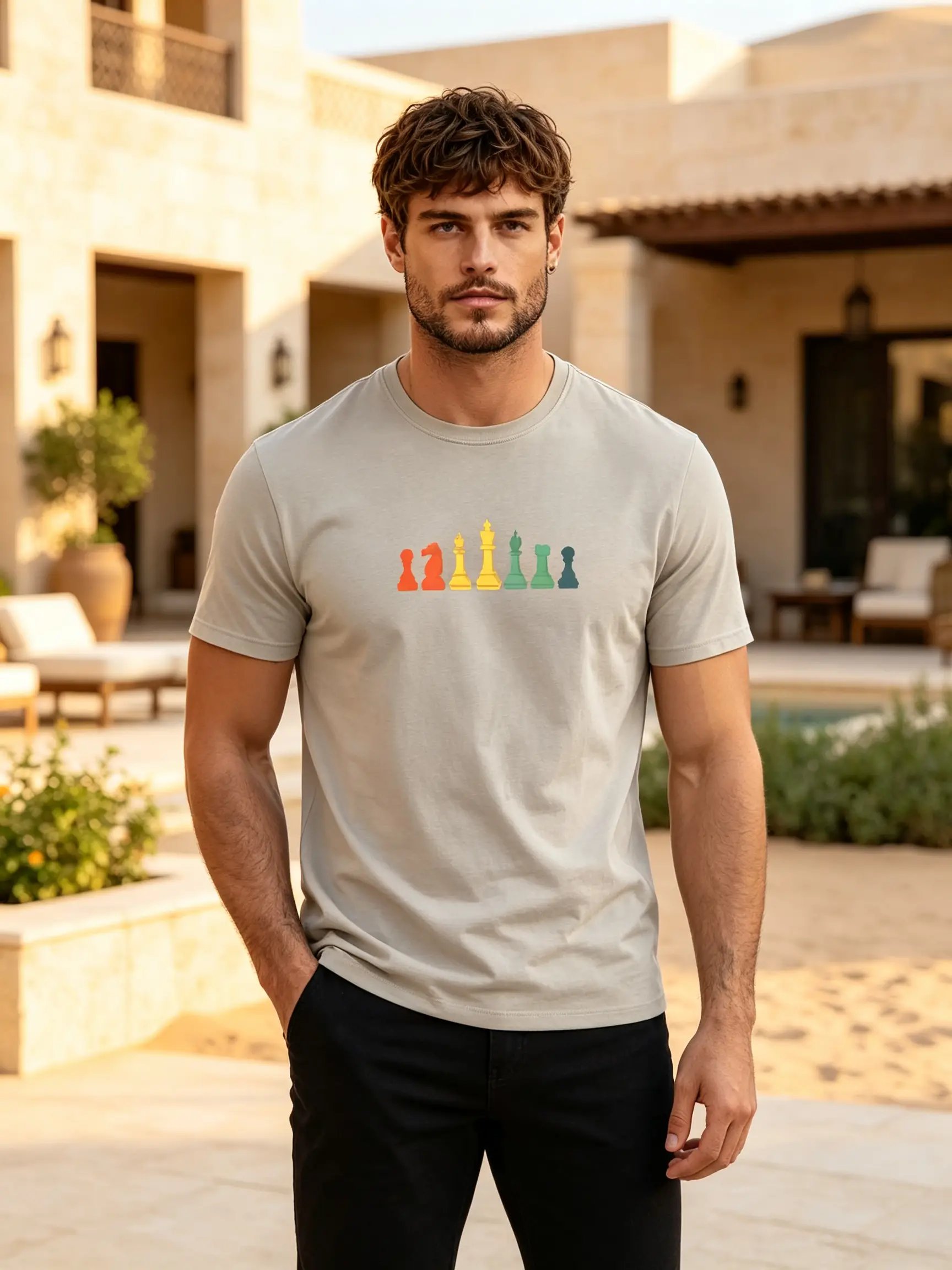 Grey Chess Print Round Neck T-Shirt - Grey