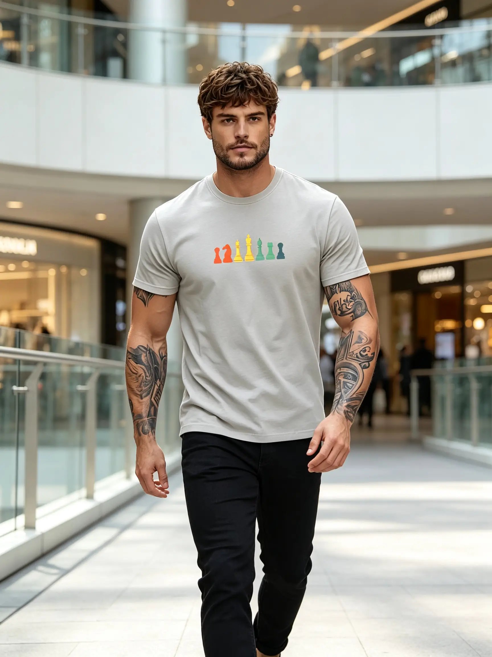 Grey Chess Print Round Neck T-Shirt - Grey