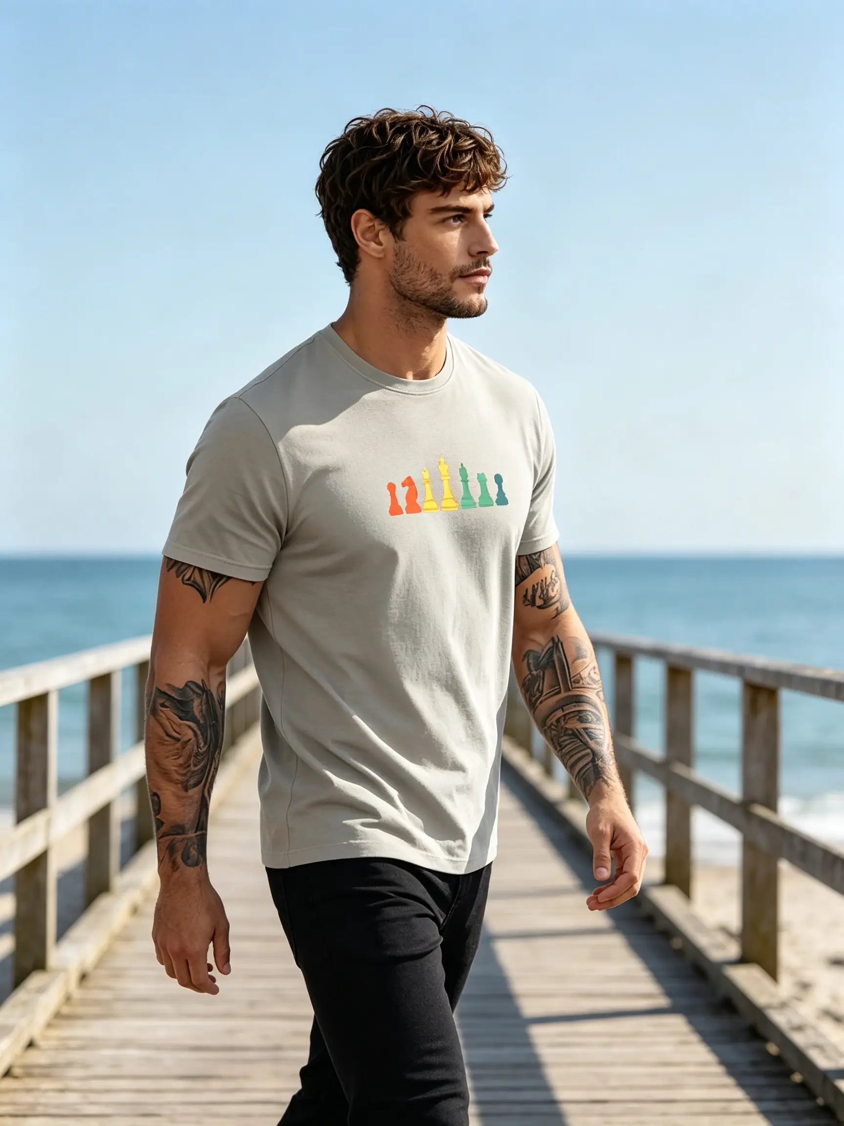Grey Chess Print Round Neck T-Shirt - Grey