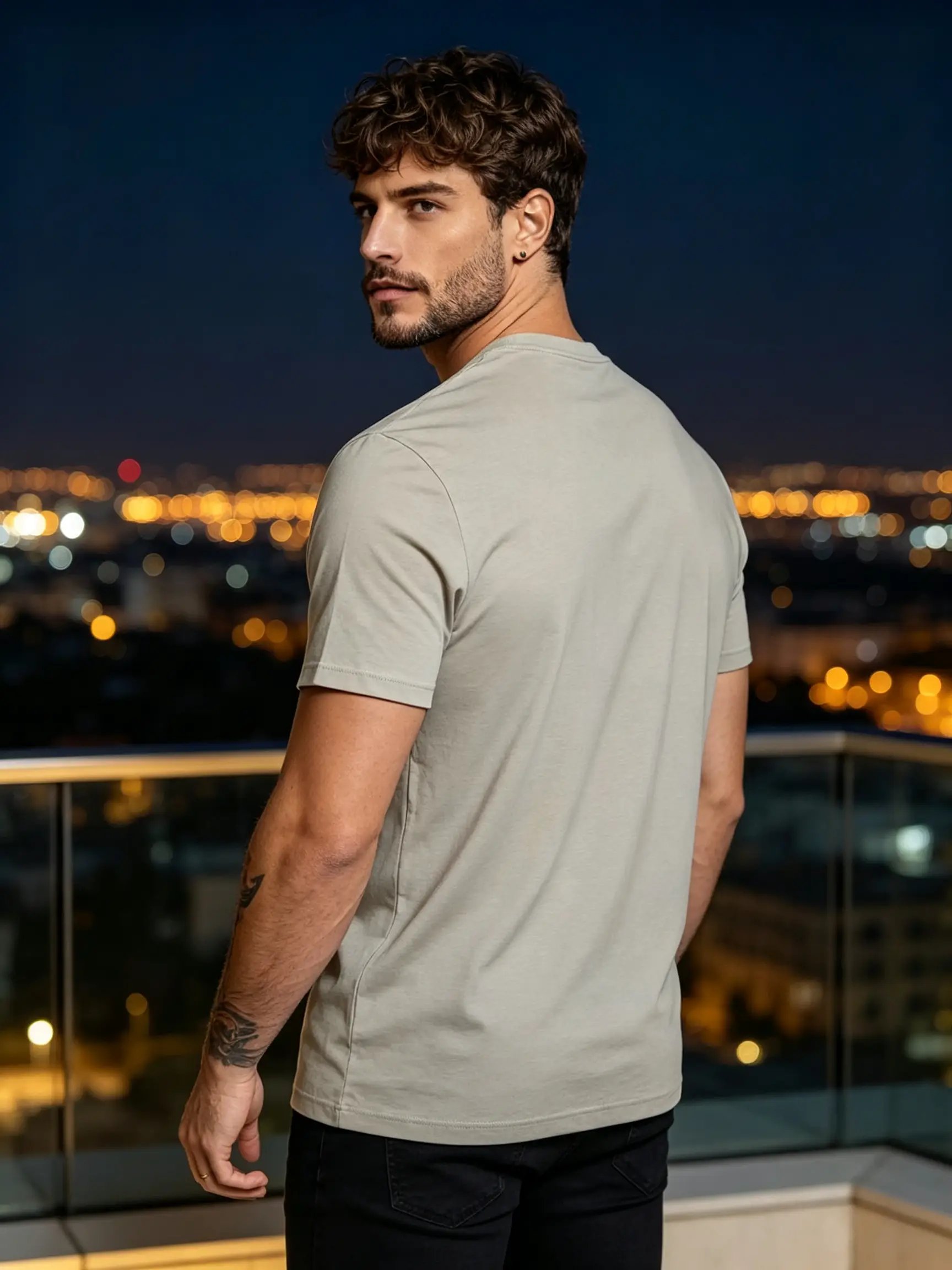 Grey Chess Print Round Neck T-Shirt - Grey