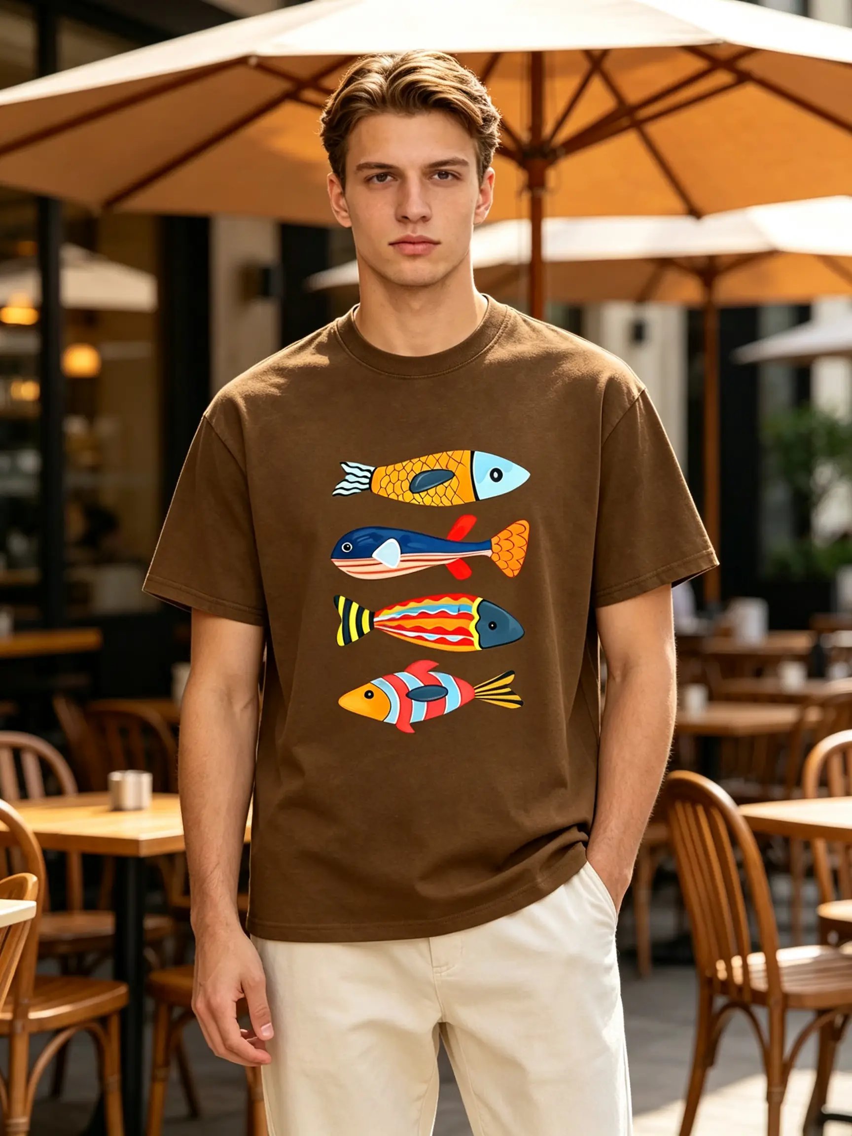 Brown Fish Print Round Neck T-Shirt