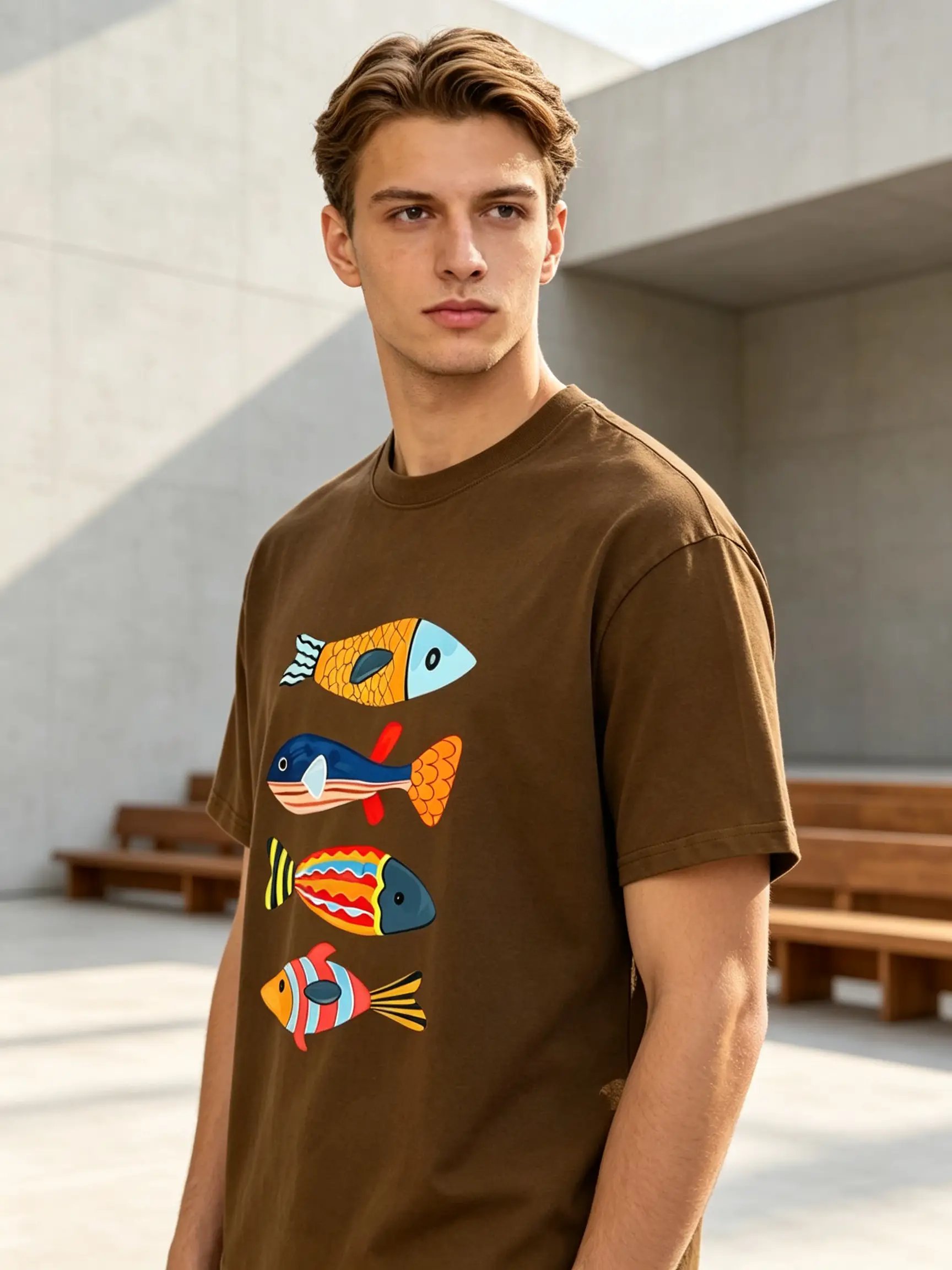 Brown Fish Print Round Neck T-Shirt