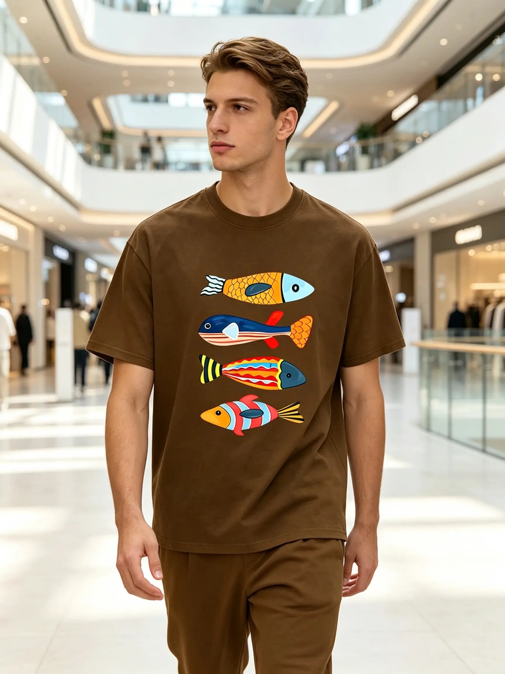 Brown Fish Print Round Neck T-Shirt