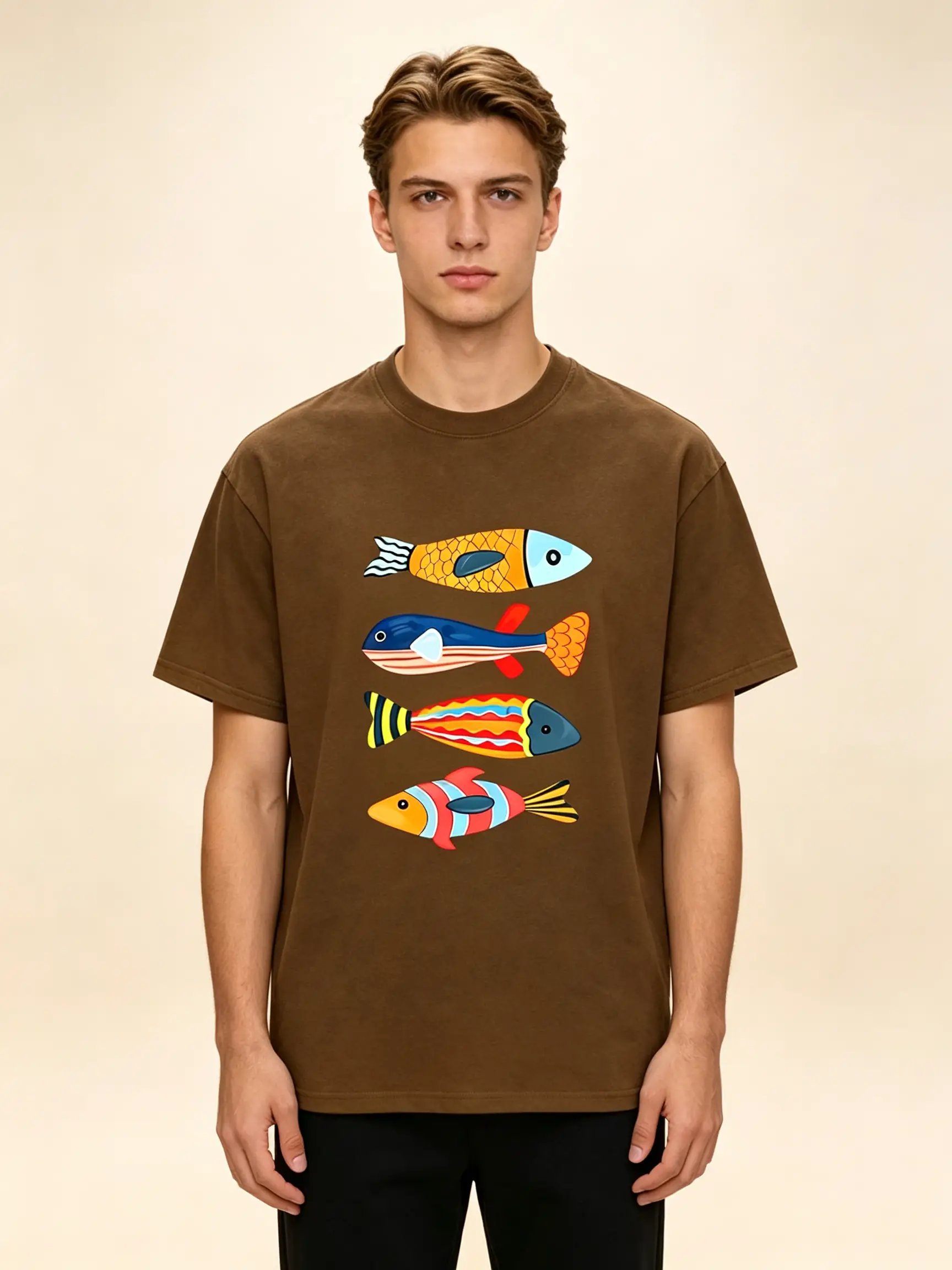 Brown Fish Print Round Neck T-Shirt