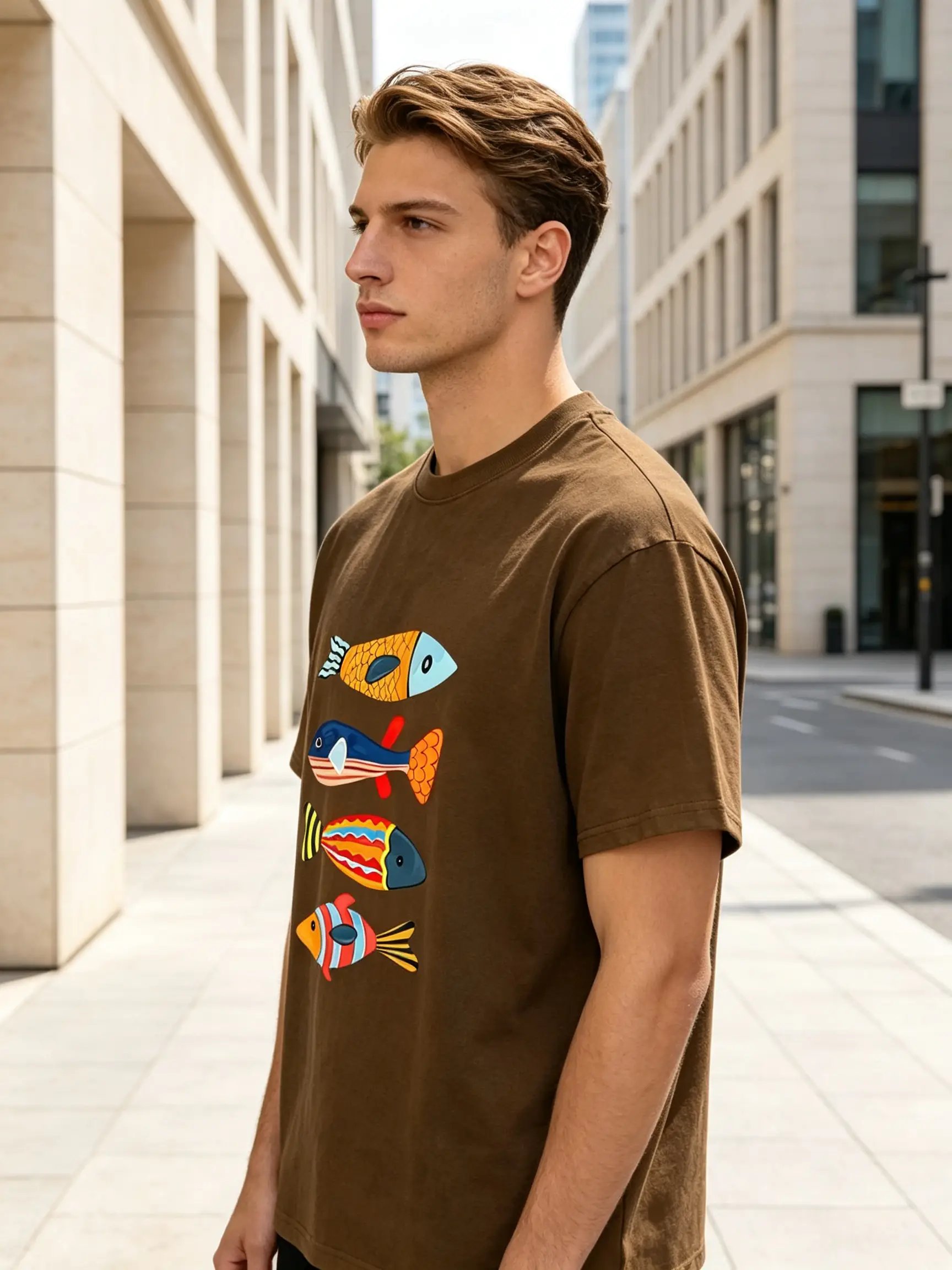 Brown Fish Print Round Neck T-Shirt
