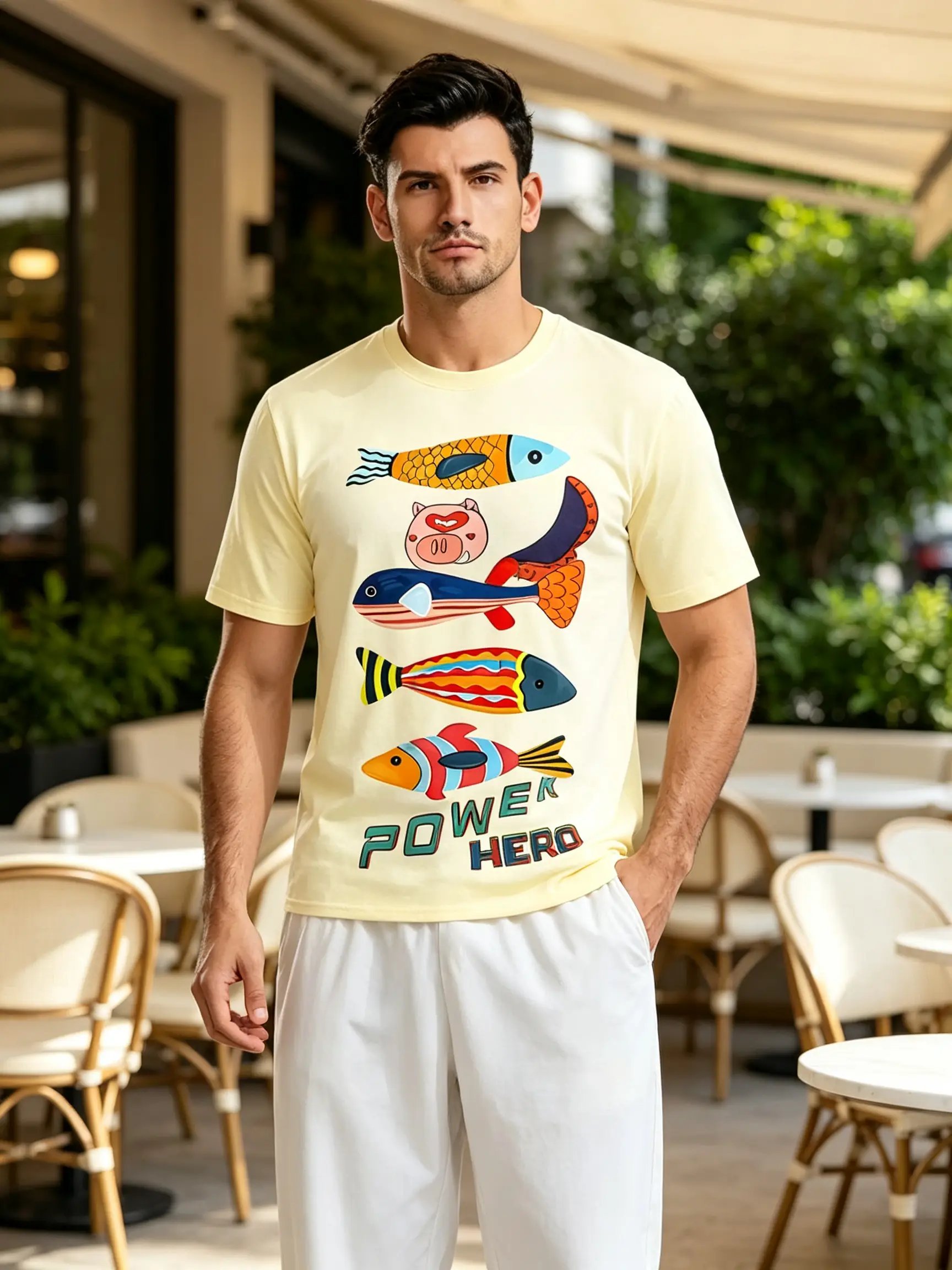 Cream Regular Fit Round Neck T-Shirt with Fun Fish Print