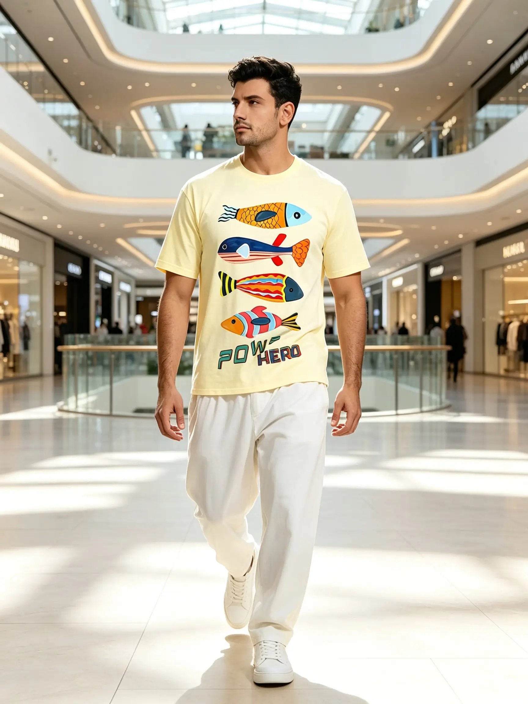 Cream Regular Fit Round Neck T-Shirt with Fun Fish Print