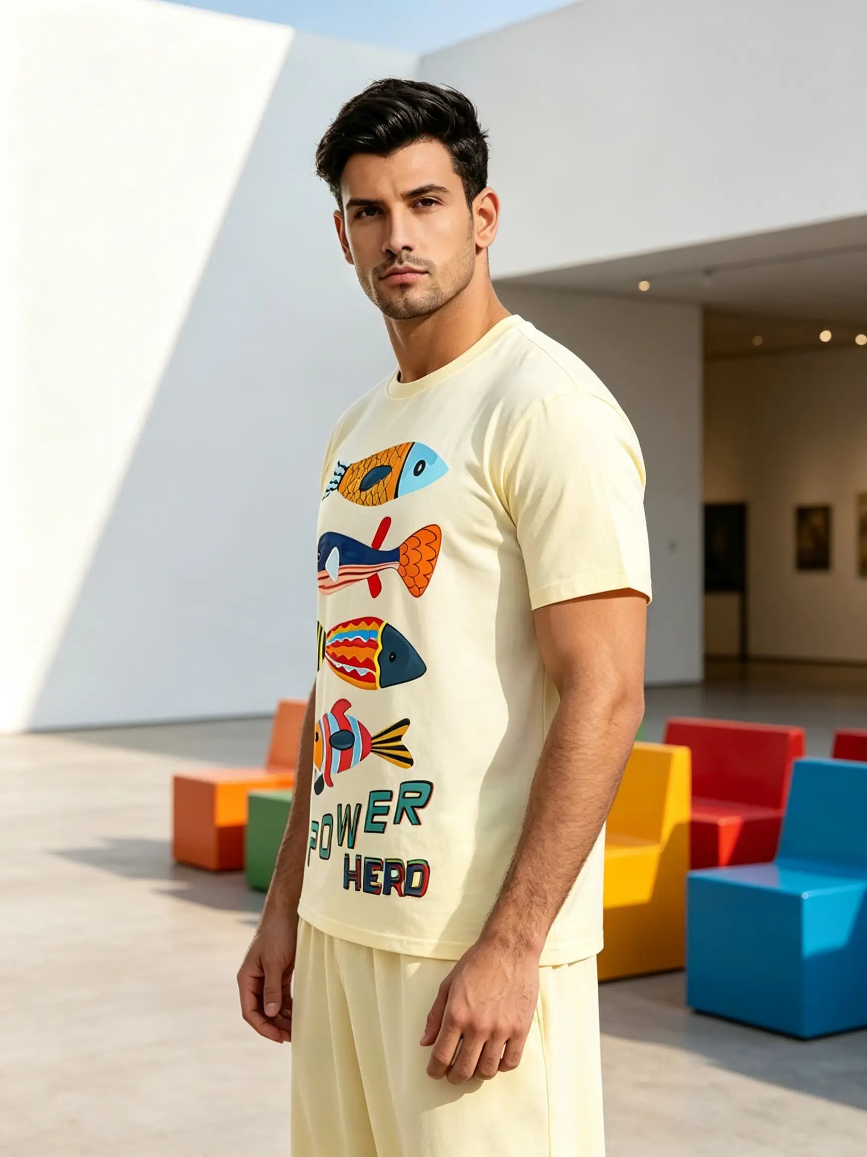 Cream Regular Fit Round Neck T-Shirt with Fun Fish Print
