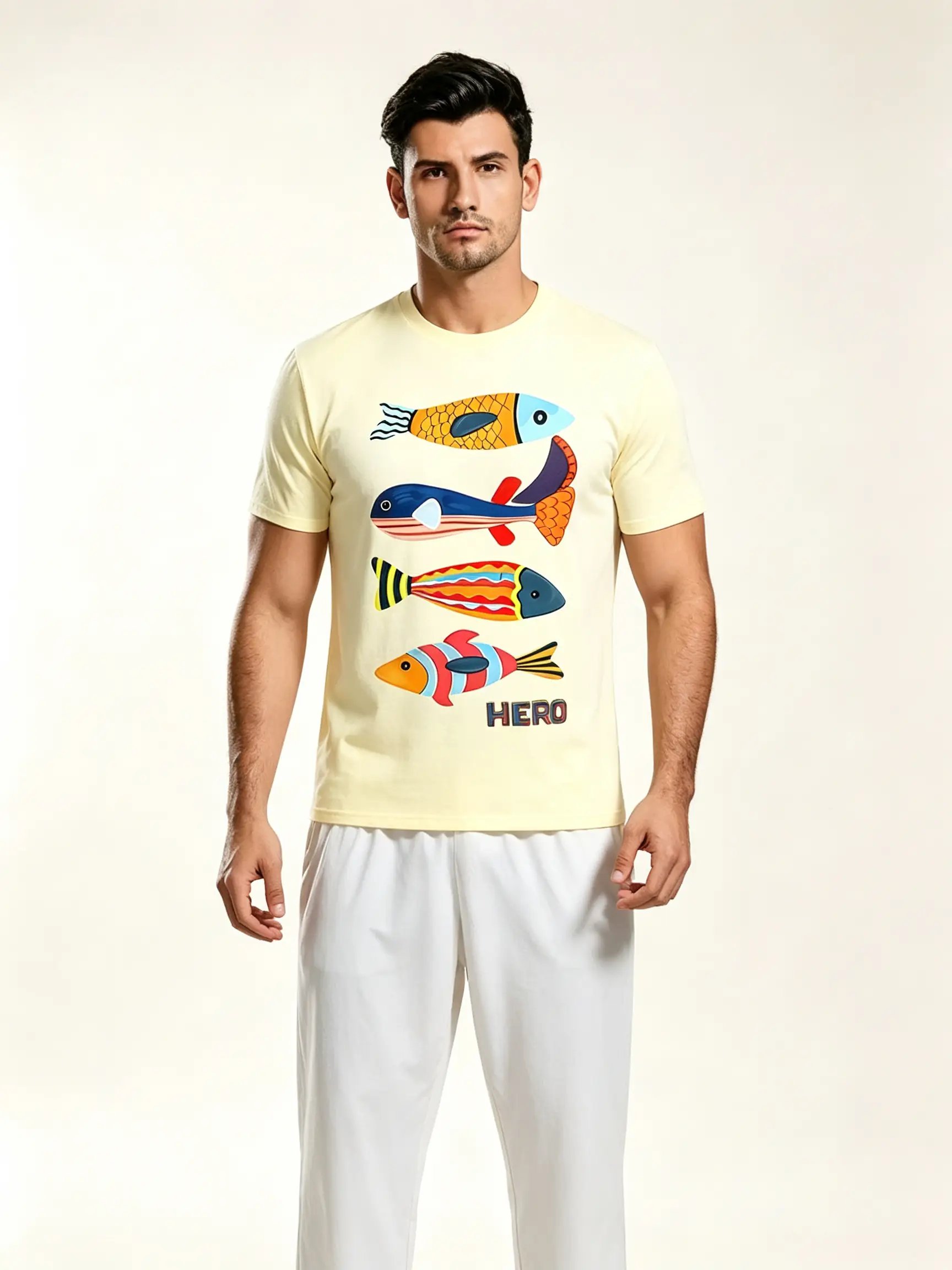 Cream Regular Fit Round Neck T-Shirt with Fun Fish Print