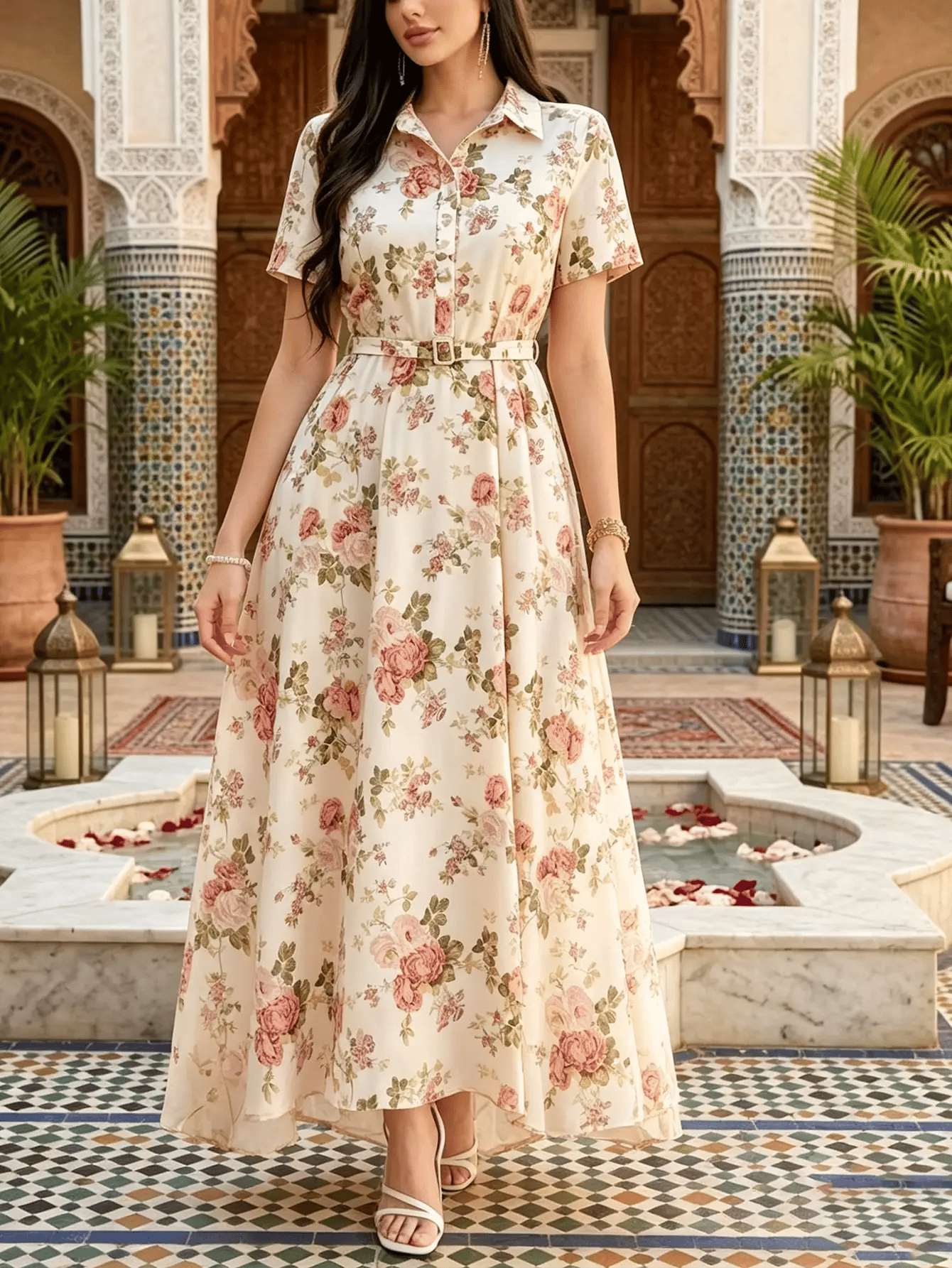 Beige All Over Floral Print Maxi Dress with Belt