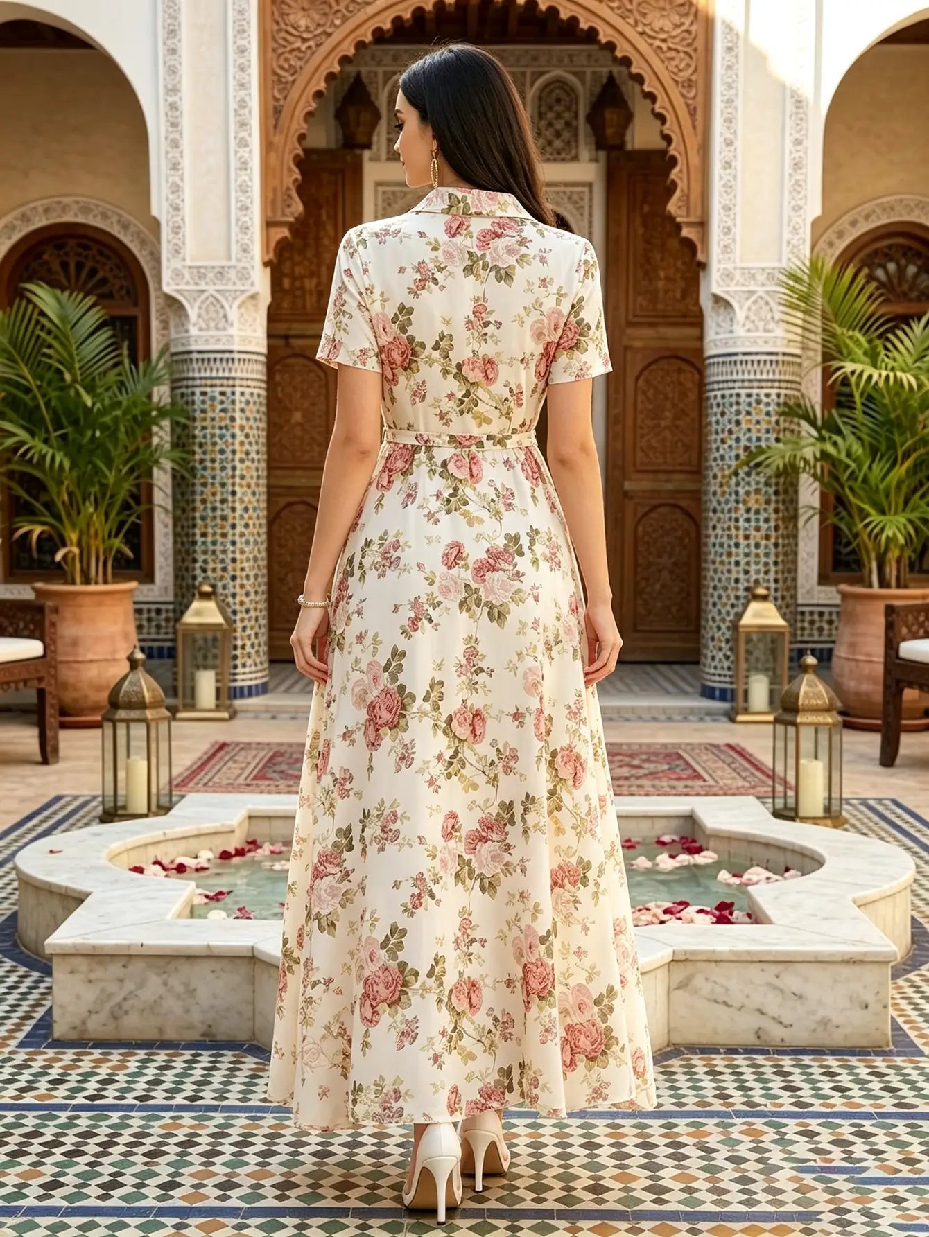 Beige All Over Floral Print Maxi Dress with Belt