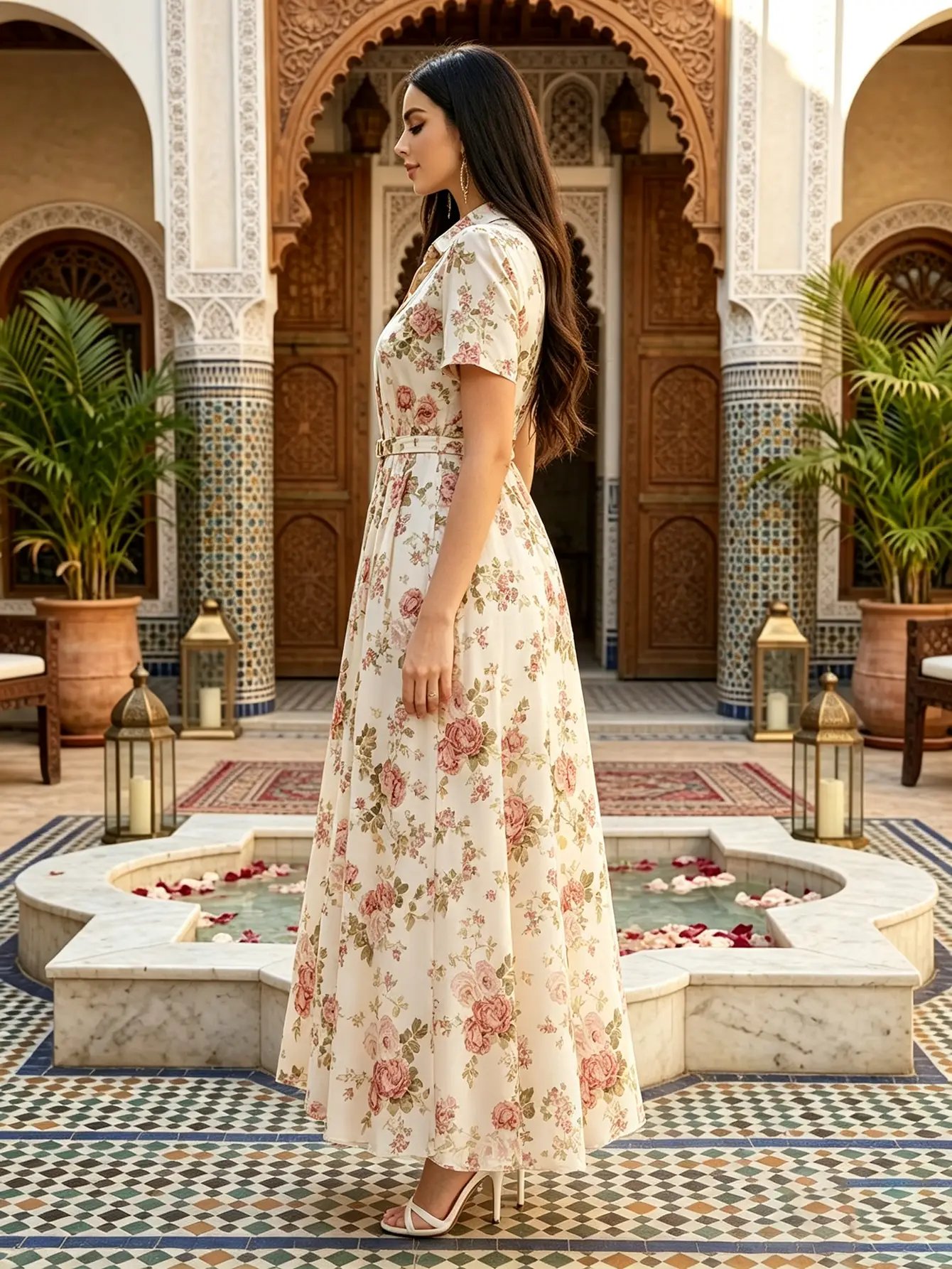 Beige All Over Floral Print Maxi Dress with Belt