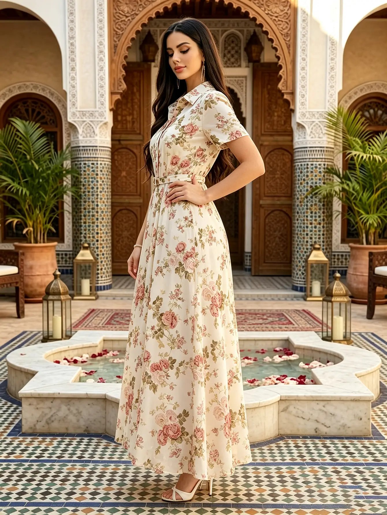Beige All Over Floral Print Maxi Dress with Belt