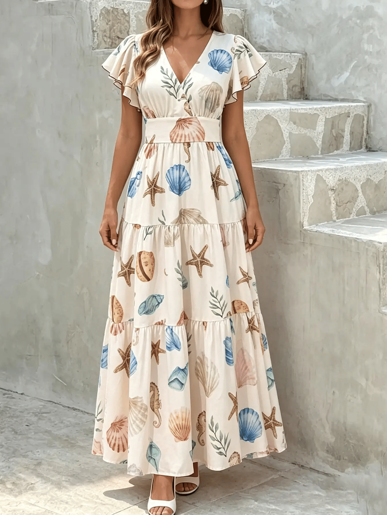 Beige All Over Print Ruffled Short Sleeves V-Neck Maxi Dress