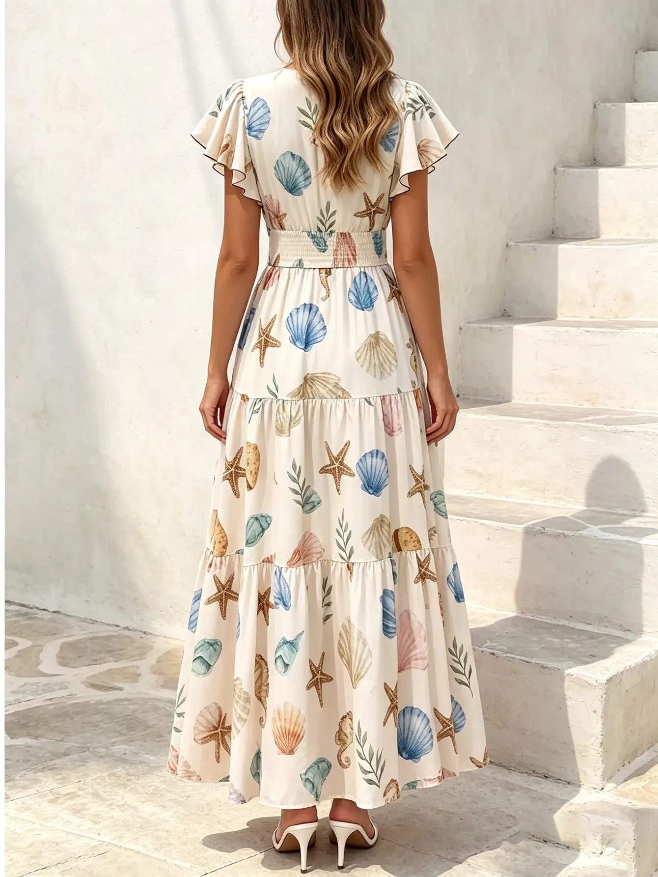 Beige All Over Print Ruffled Short Sleeves V-Neck Maxi Dress
