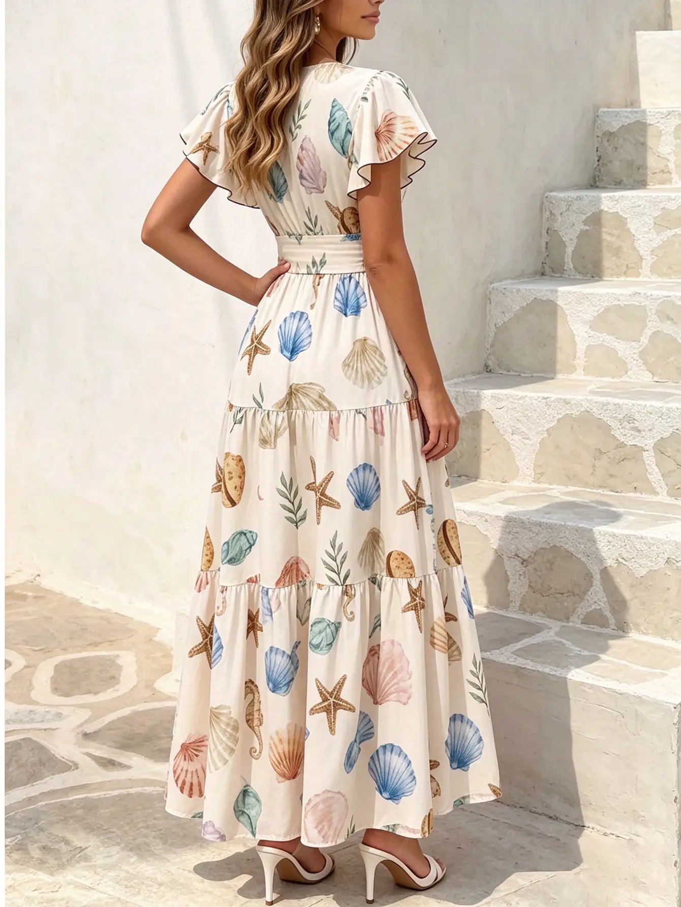 Beige All Over Print Ruffled Short Sleeves V-Neck Maxi Dress