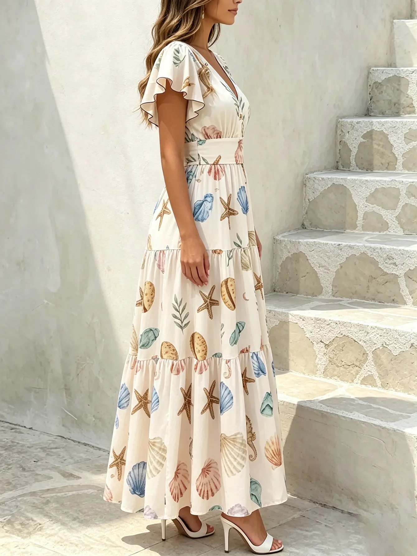 Beige All Over Print Ruffled Short Sleeves V-Neck Maxi Dress
