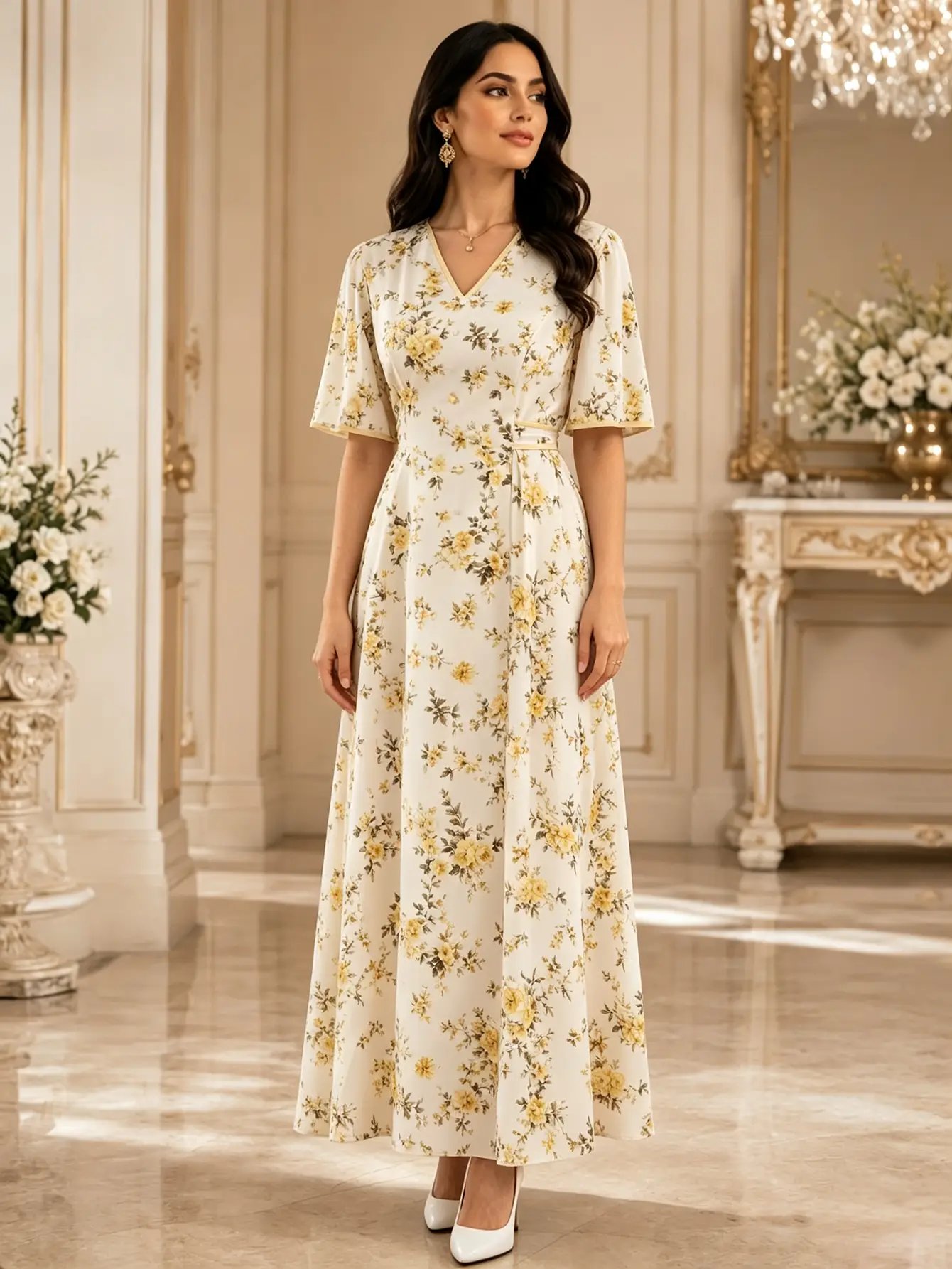 Beige All Over Floral Print Tie-Up Detail Maxi Dress